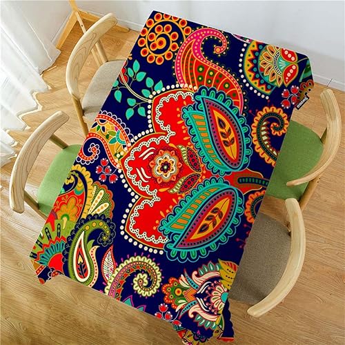 Miniatura 2 de Swono Mantel rectangular con estampado floral de cachemira, estilo indio, bohemio, con flores étnicas, lavable, para cocina, comedor, para fiestas,