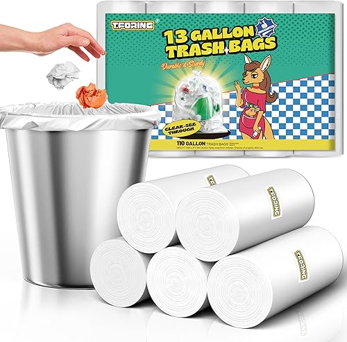 T.FORING Bolsas de basura para cocina de 13 galones de alto, 110 unidades, bolsas de basura de plástico transparente sin perfume, bolsas fuertes