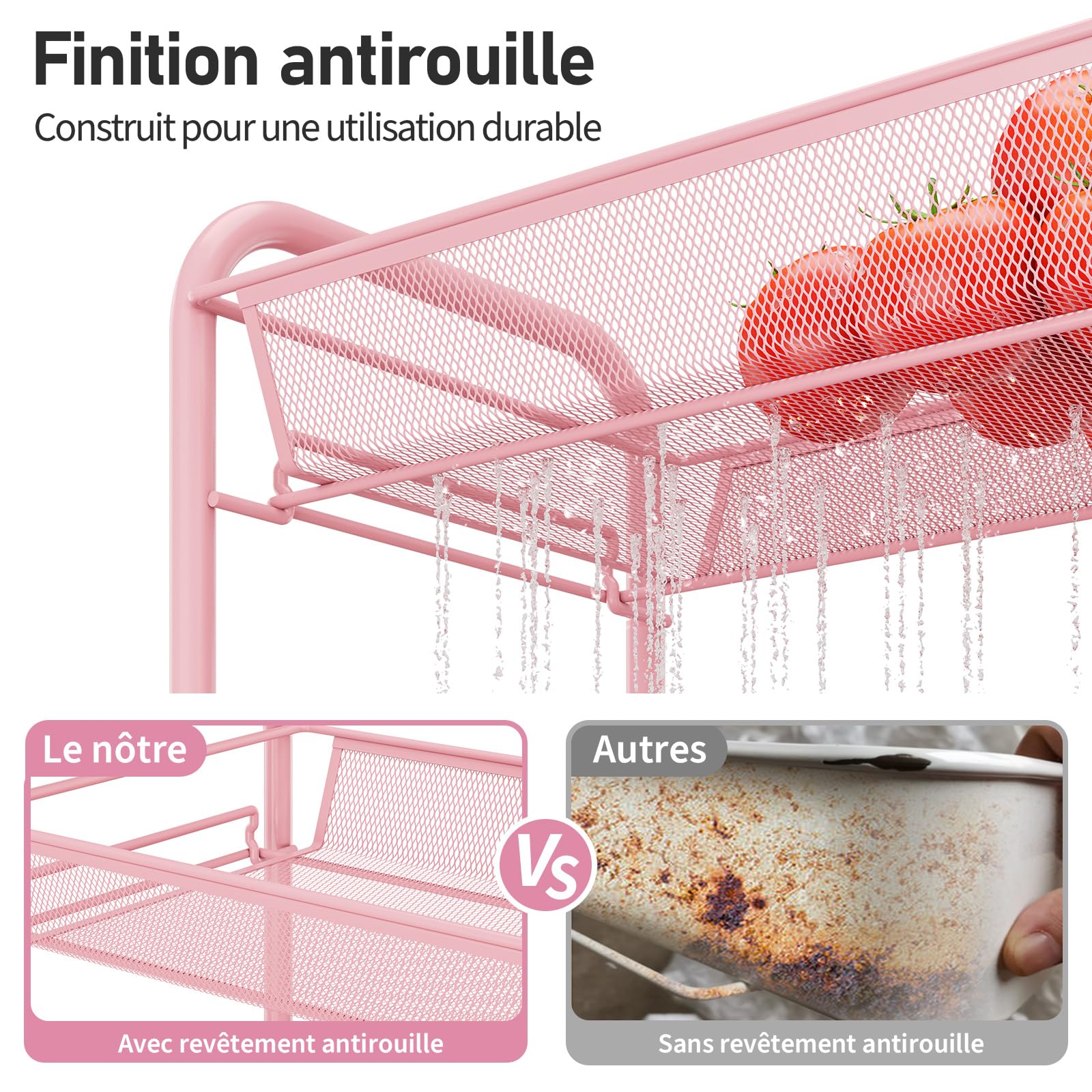 Urackify Chariot de Cuisine a 3 Niveaux pour Salle de Bain, Cuisine et buanderie. Métal résistant à la Rouille, Panier en Maille Respirante et Crochets latéraux Inclus. Facile à Installe, Rose
