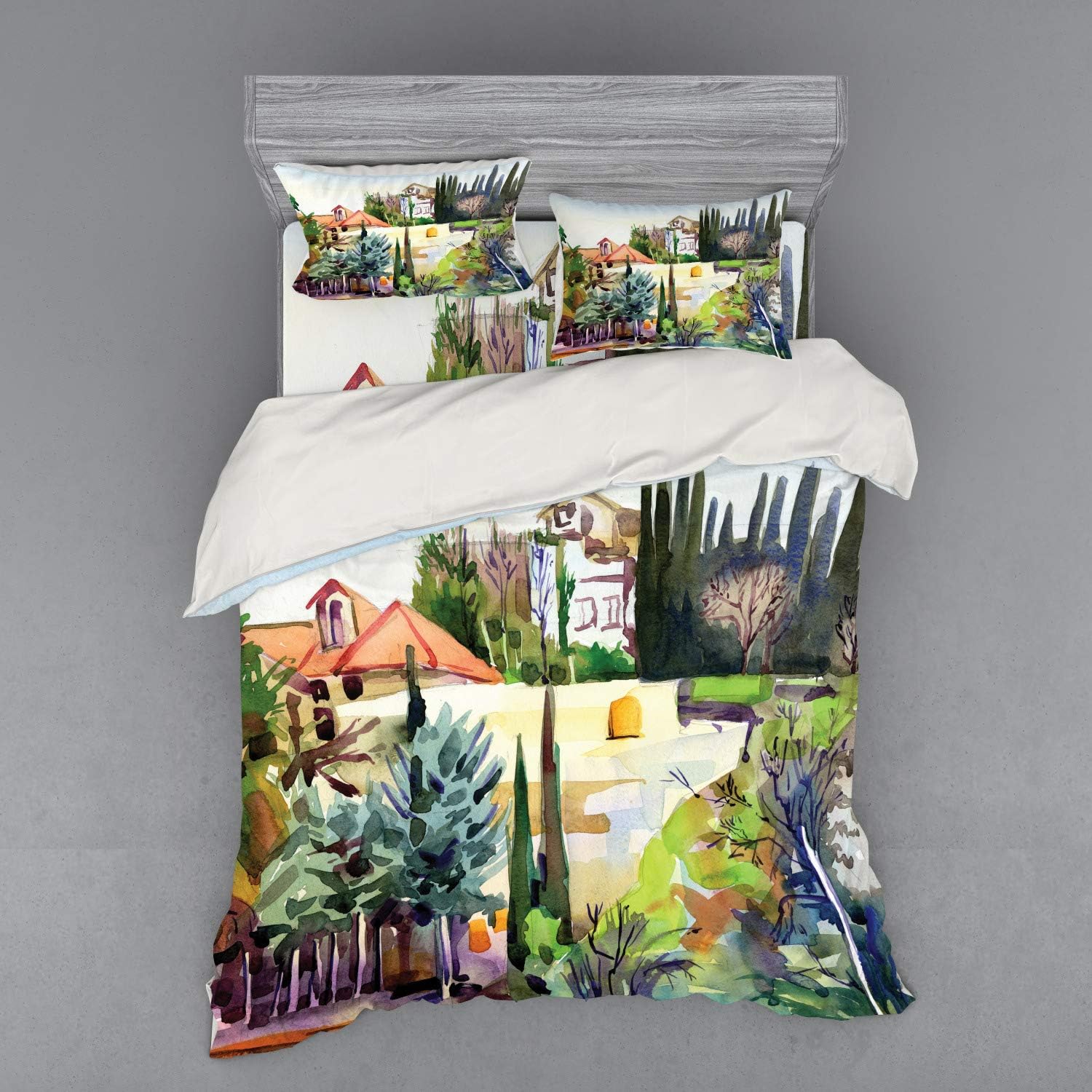 AmbesonneFine Art Bedding Set, Tuscany Village Scenery with Cottage House Italian Countryside Trees Picture, 4 Piece Duvet Cover Set with Shams and Fitted Sheet, Queen Size, Multicolor