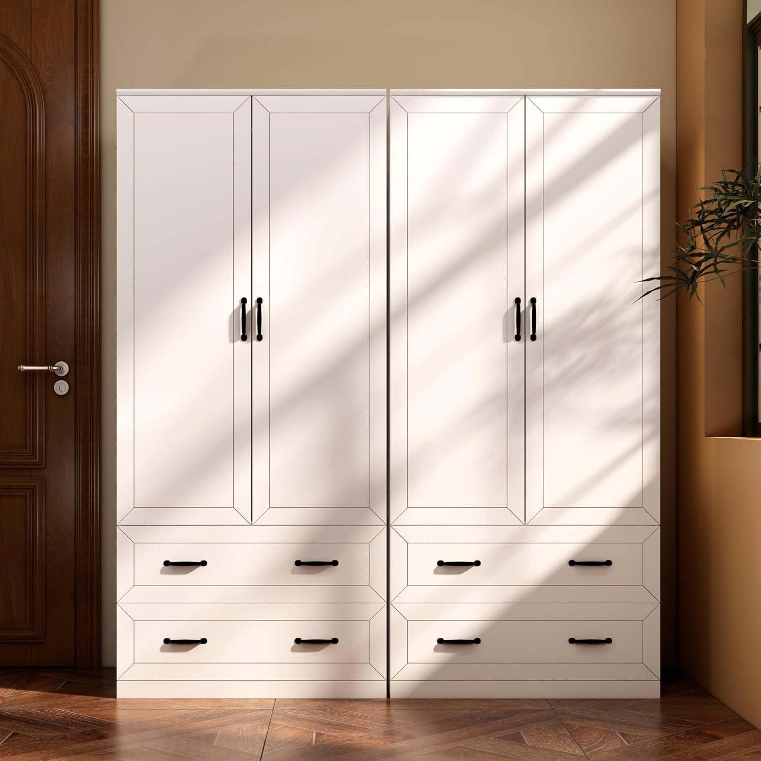 71" Wood Armoire Wardrobe Closet with 2 Doors and 2 Drawers, Clothes Storage Organizer Cabinets with Hanging Rod Freestanding Wardrobe for Bedroom, White (Style 2)