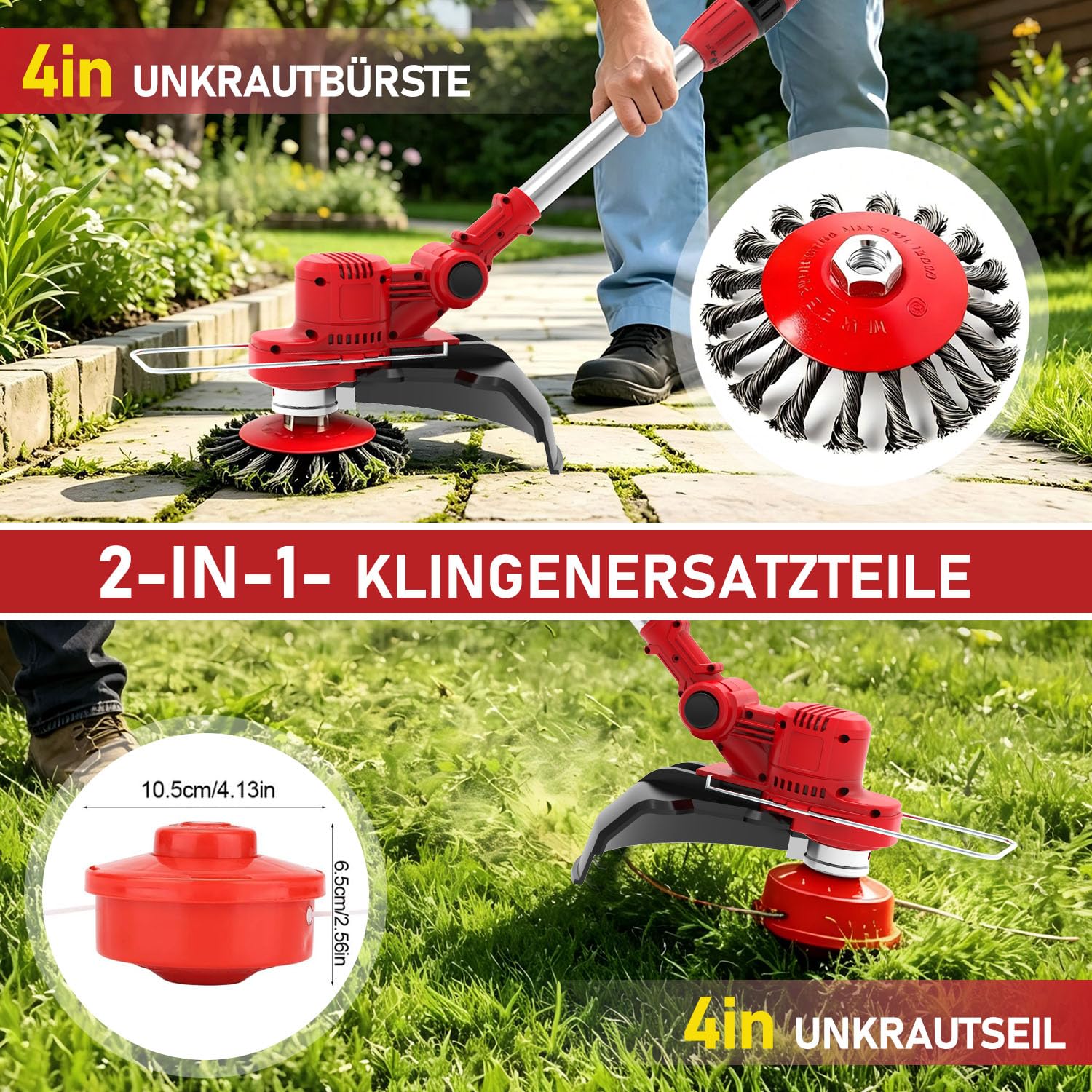 21V Rasentrimmer mit Akku mit Unkrautbürste, 2 in 1 Rasentrimmer mit akku Kompatibel mit 18V-25V Lithium-Ionen-Akku
