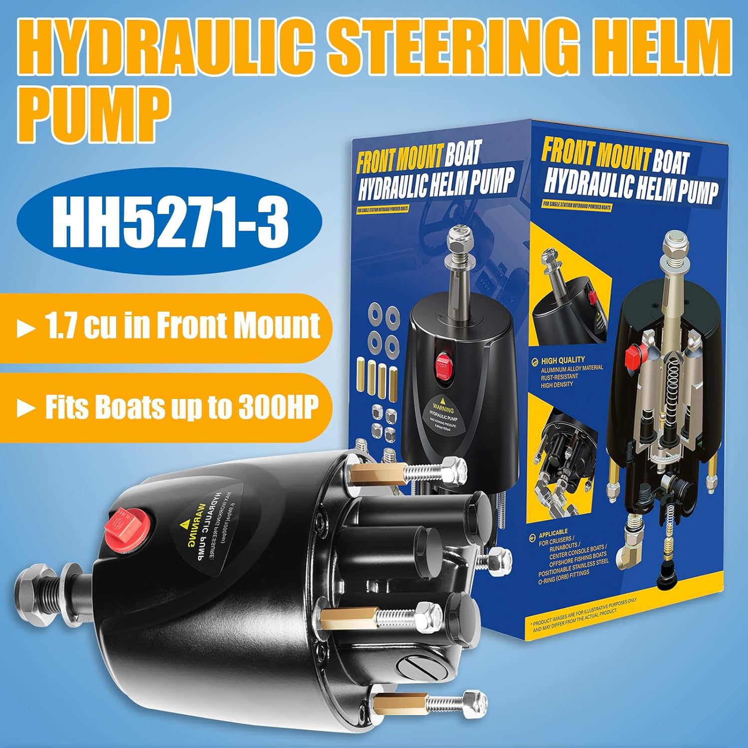 HH5271-3 Hydraulic Steering Helm Pump, 1.7 cu in Front Mount Helm for Boats up to 300 HP Engines, 4.9 Lock-to-Lock Turns, Built-in Lock Valve, Replace for Seastar Helm