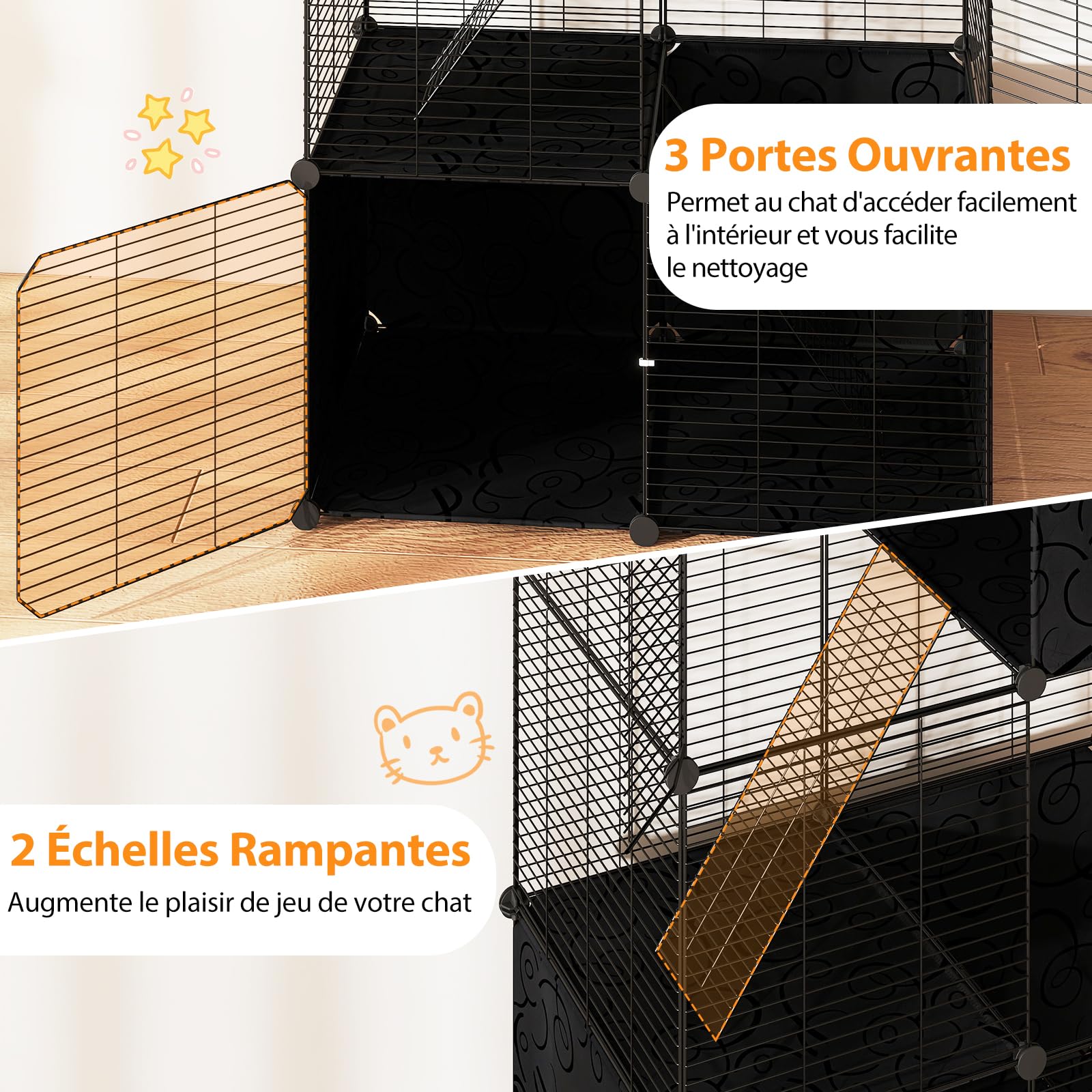 GYMAX Cage Métallique d'Intérieur pour Chat 3 Niveaux avec 2 Échelles 3 Portes