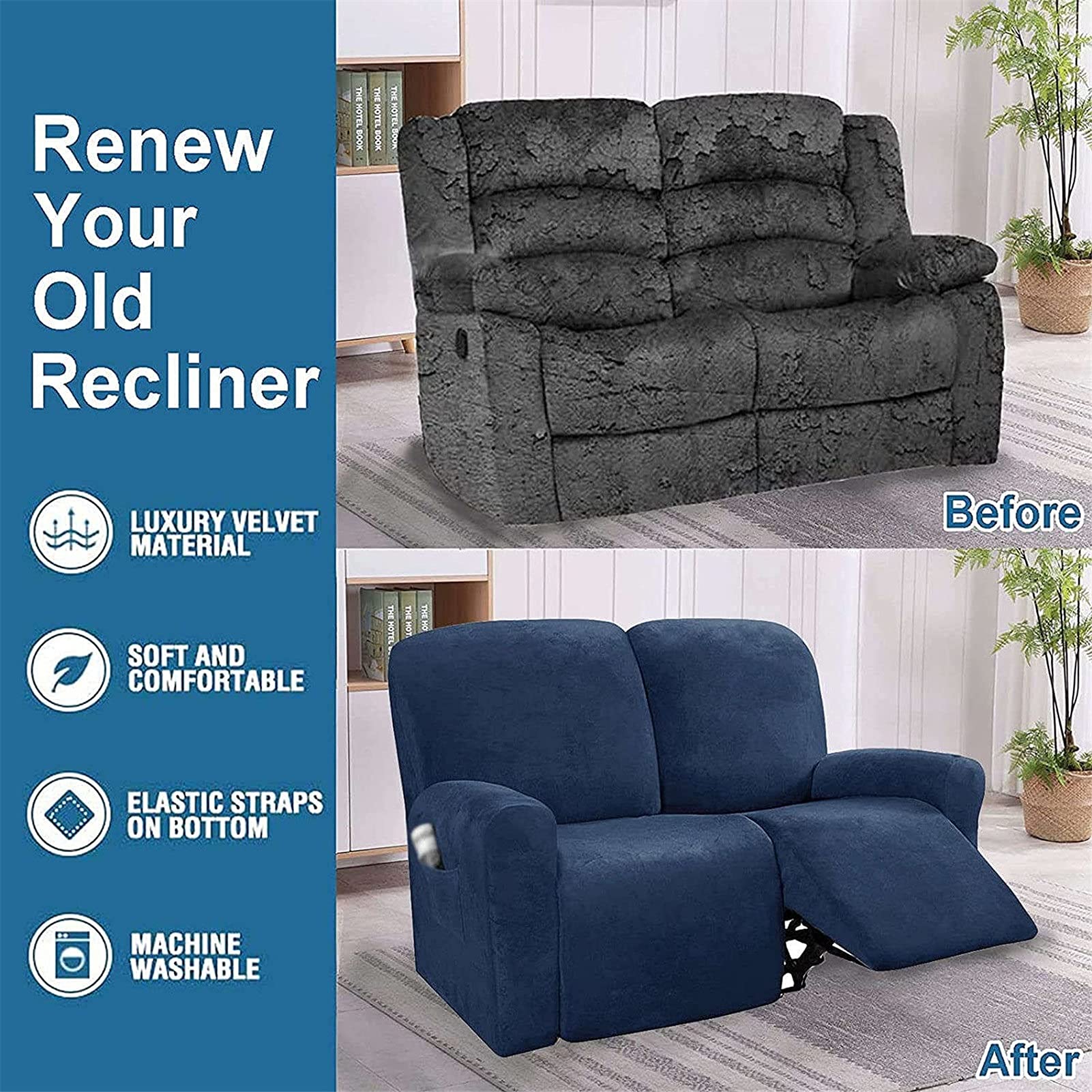 Housse Fauteuil Relax Extensible 3 Places Gris - Protection Antidérapante Avec Poche Latérale