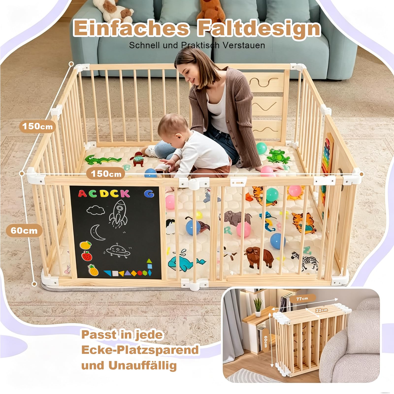 Laufstall Baby Faltbar mit Matratze&Spielplatte | 8 Stück, 150x150x60CM, Verstellbare Größe&Form, Indoor Spielplatz mit Montessori Spielplatte&Bälle, Babys Kleinkinder, Natur