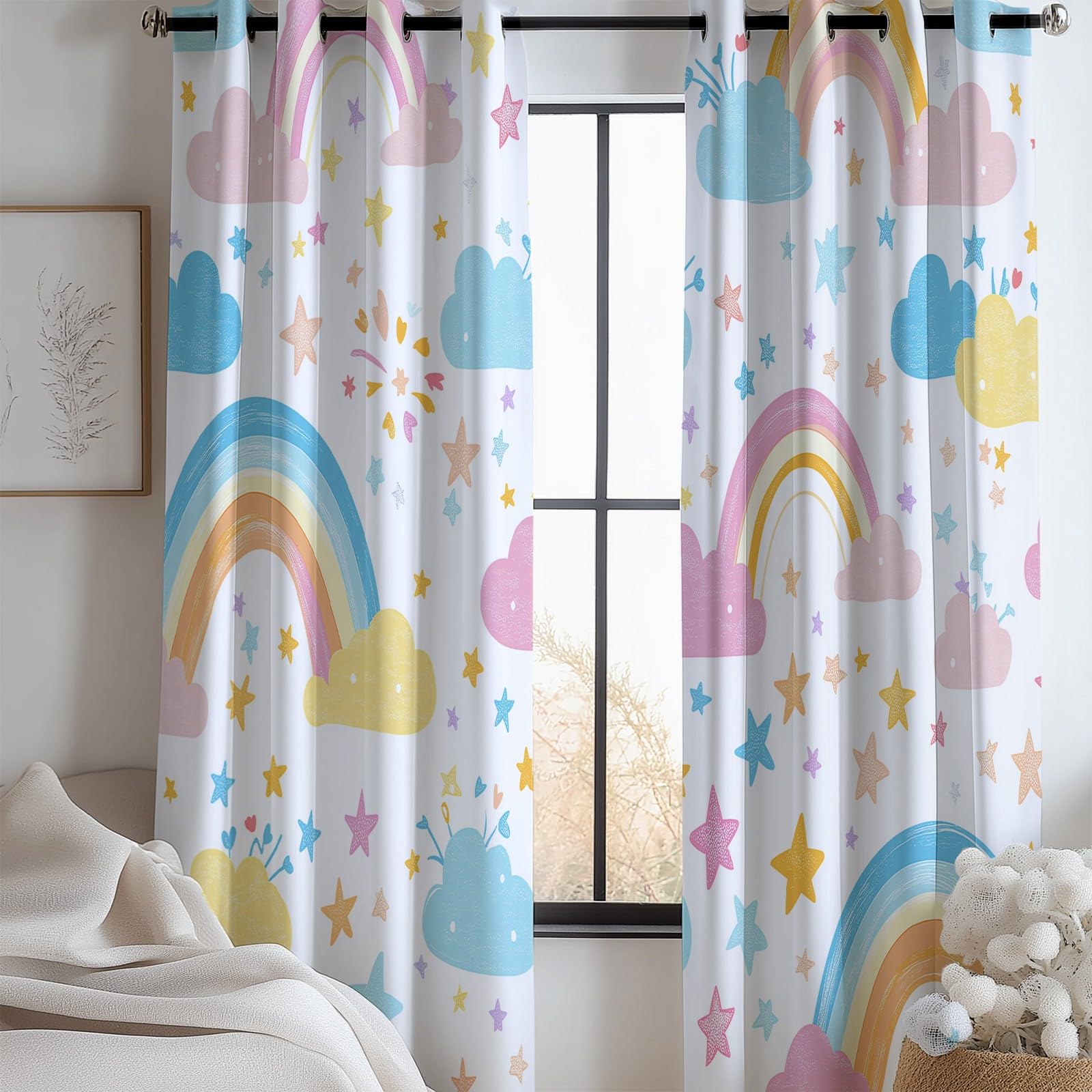 Arc en Ciel Nuages Étoiles Rideau Occultant, Blanc Rideau Thermique Isolant Tenture Opaque à Oeillets Draperies IntéRieurs pour Chambre Salon Décoration 2 Panneaux 92L x 214H cm