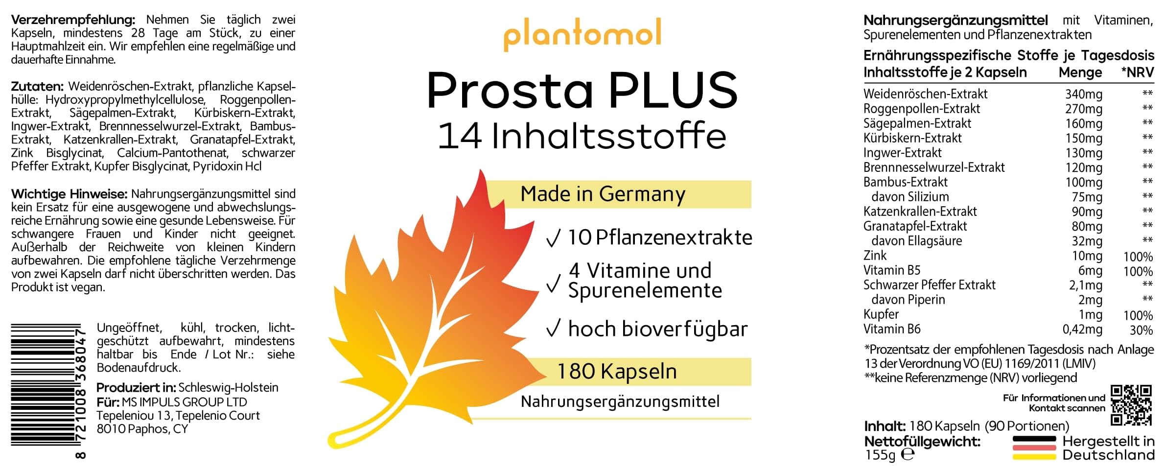 14-fach Komplex! PROSTA PLUS mit Weidenröschen Roggenpollen Granatapfel Sägepalme Kürbiskern Brennnessel - Prosta Kapseln hochdosiert - 3 Monatsvorrat