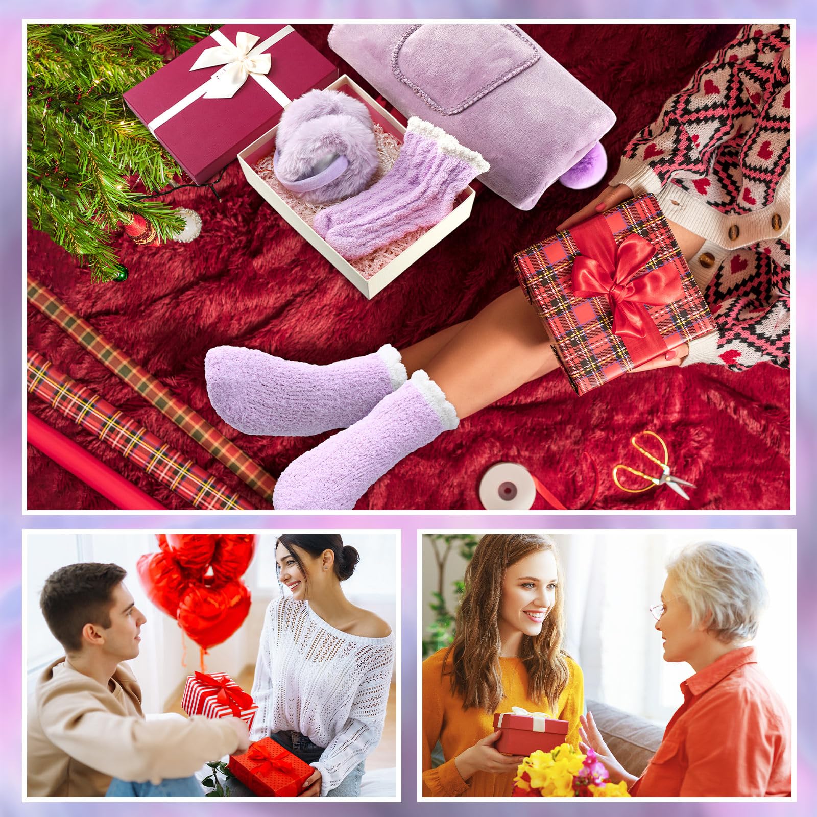 Geyoga Lot de 3 ponchos en polaire confortables avec grandes poches avant pliables - Chaussettes douces et pelucheuses - Cadeaux de Noël pour femme et grand-mère, violet, 65*170cm