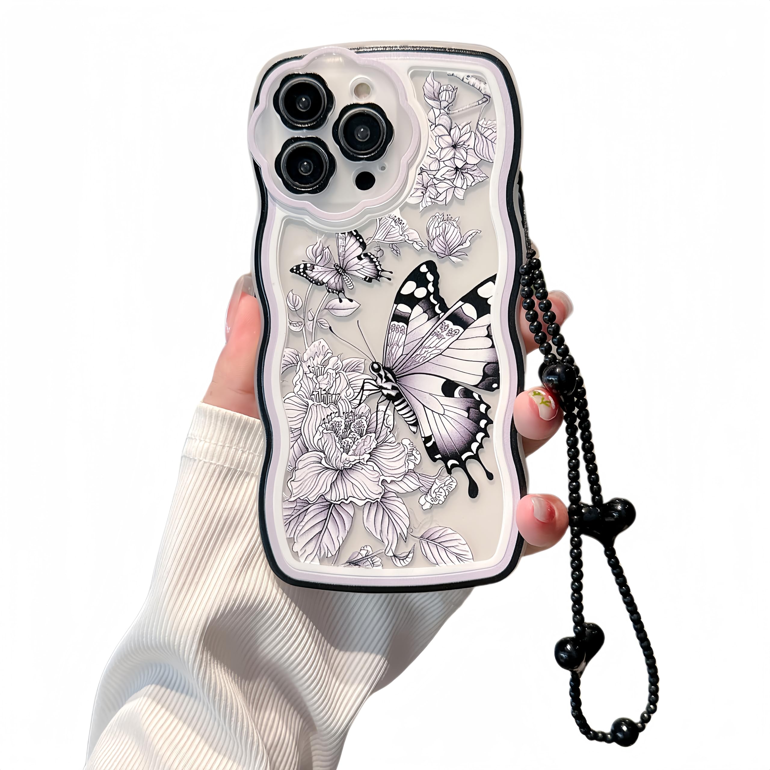 Pretaco Compatible with iPhone 13 Pro max Cases, Cute Wave Border, Flower, Butterfly Design Pattern, with Loveable Bracelet,Soft,eco-Friendly,Durable