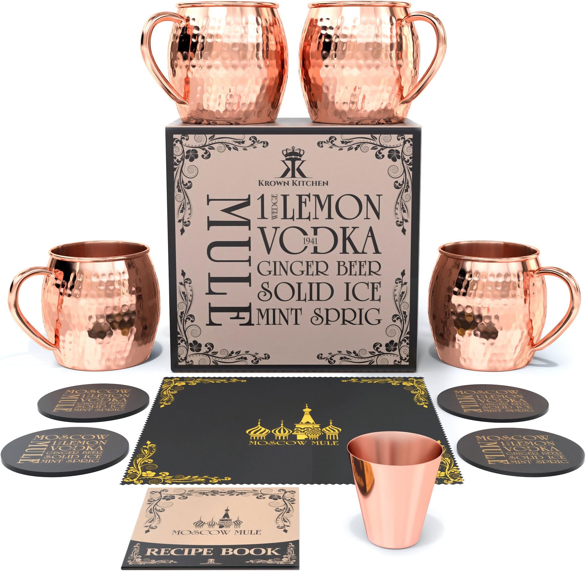 Hammered Moscow Mule Copper Mugs Set of 4 | 100% Solid Copper | 16 oz