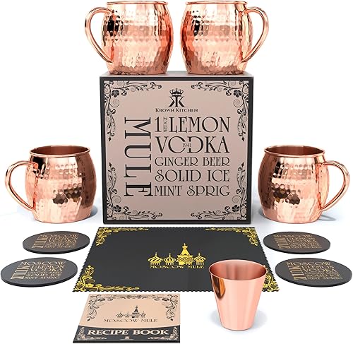 Juego de 4 tazas de cobre martilladas Moscow Mule | 100% cobre sólido | 16 onzas