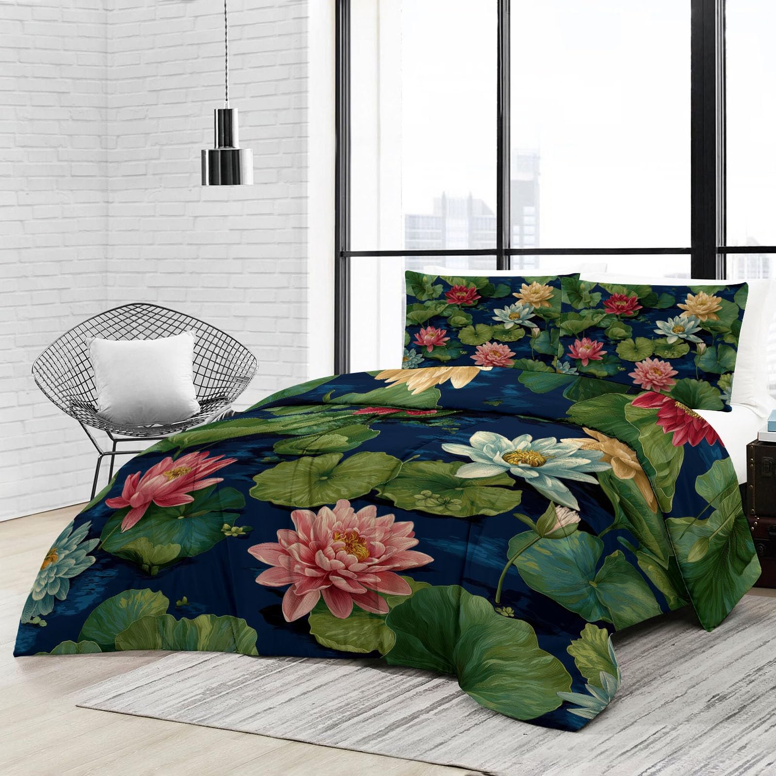 Piumino per adulti 140 x 200 cm, blu piumino 4 stagioni senza copripiumino Ukiyo-E giapponese Edredon trapuntato, stampa reversibile caldo, con 2 federe 65 x 65 cm