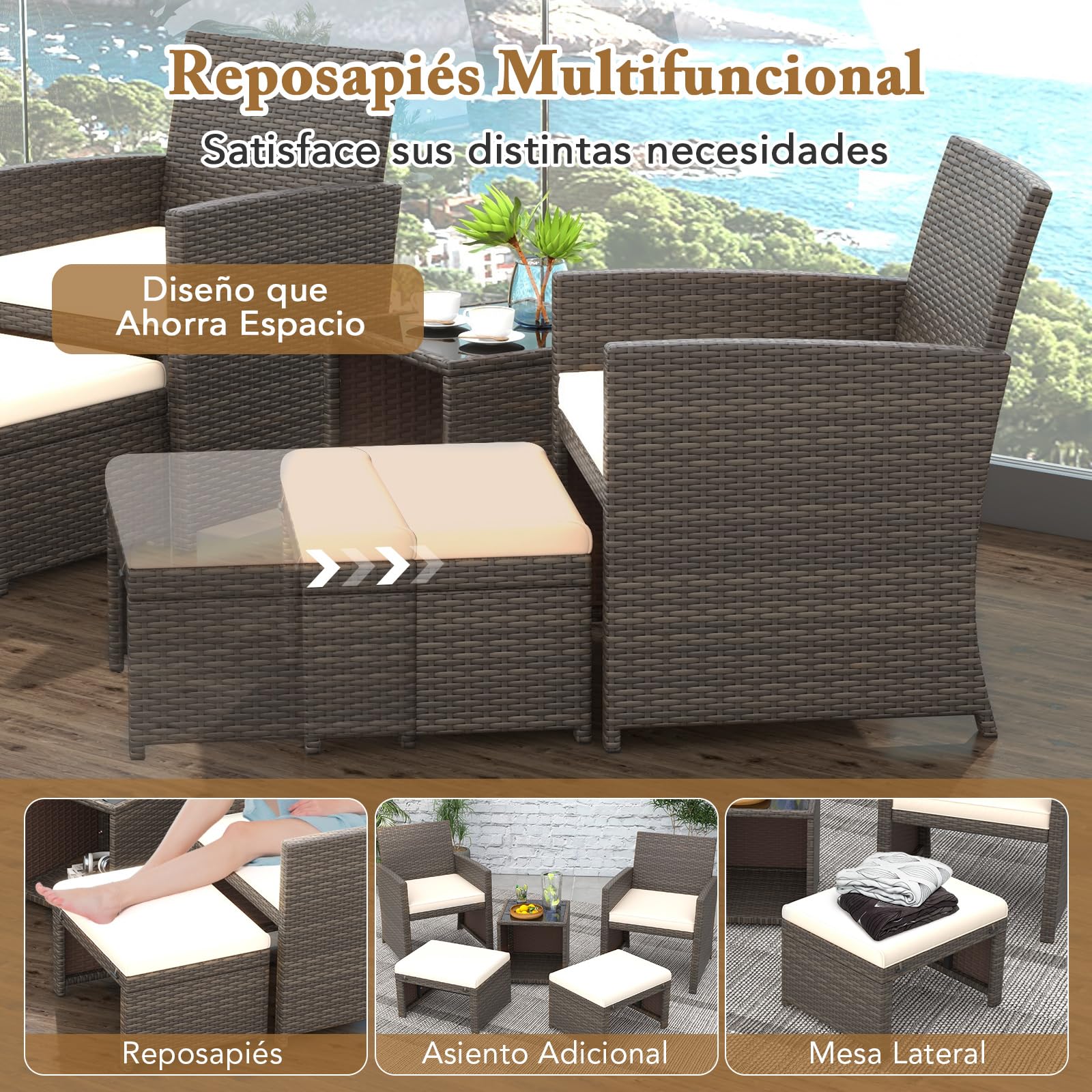 COSTWAY Conjunto de Muebles de Jardín de Ratán 5 Piezas, Set Conversación de Exterior con Silla y Otomana y Mesa Baja en Vidrio Templado, Cojines, Mesa y Sillas Terraza Jardín Patio Piscina (Blanco)