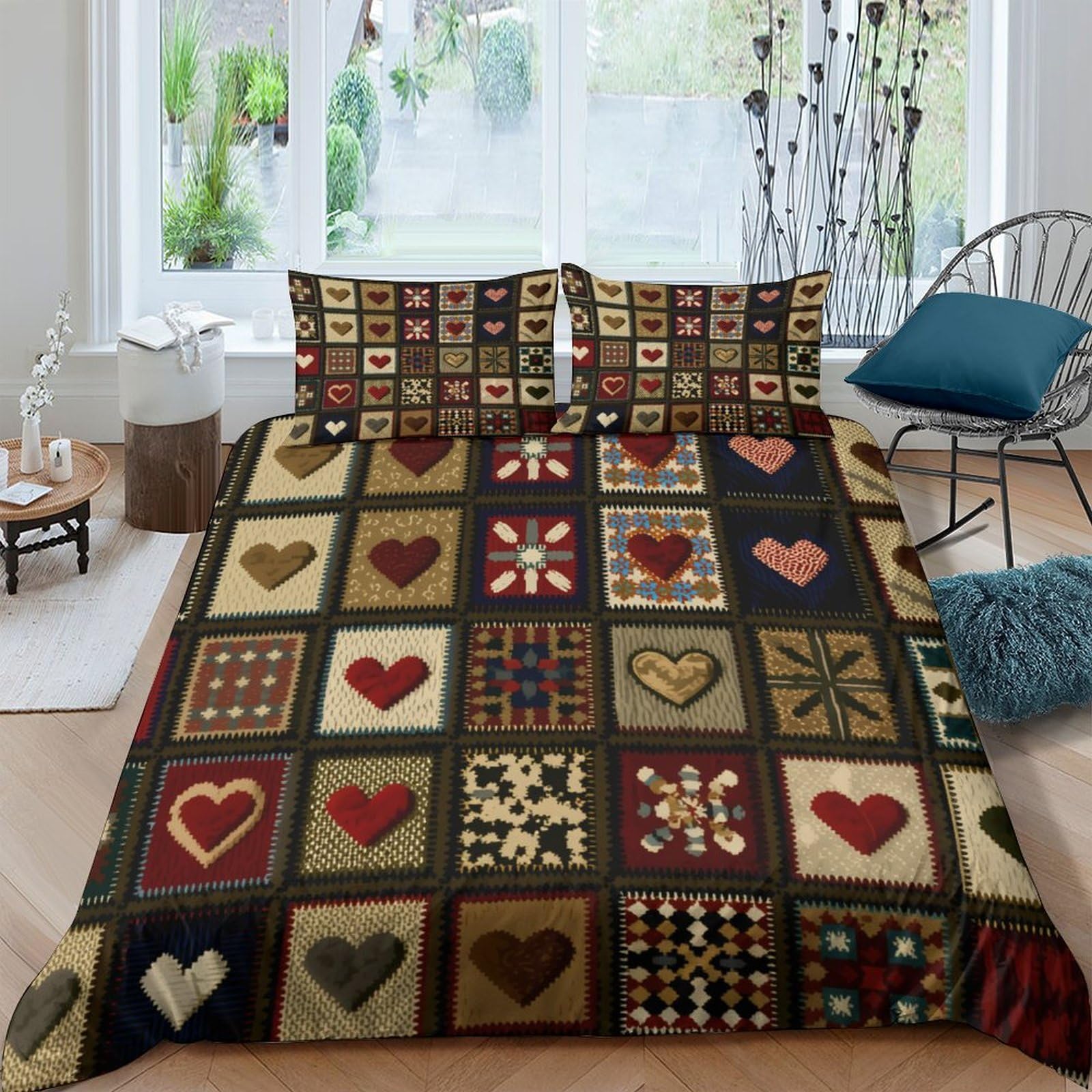 Ctjqhvkz Style-9 3D Printed Patchwork Hearts Fitted Sheet Microfiber Soft Bedroom Decor Folk Art Bed Cover For Home Dorm Single（135X200cm）