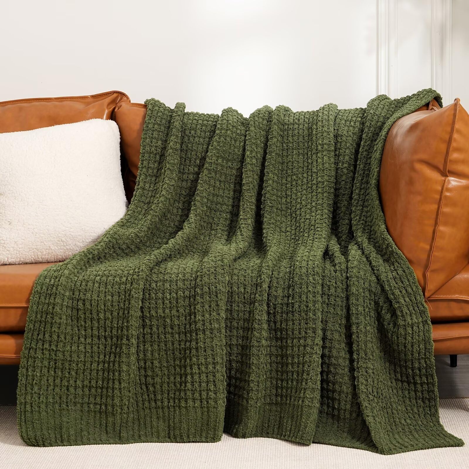 phf chenille waffle knit blanket twin size- plush warm & cozy 60" x 80" ultra soft blanket- chunky fluffy waffle bedding for home decor - olive green