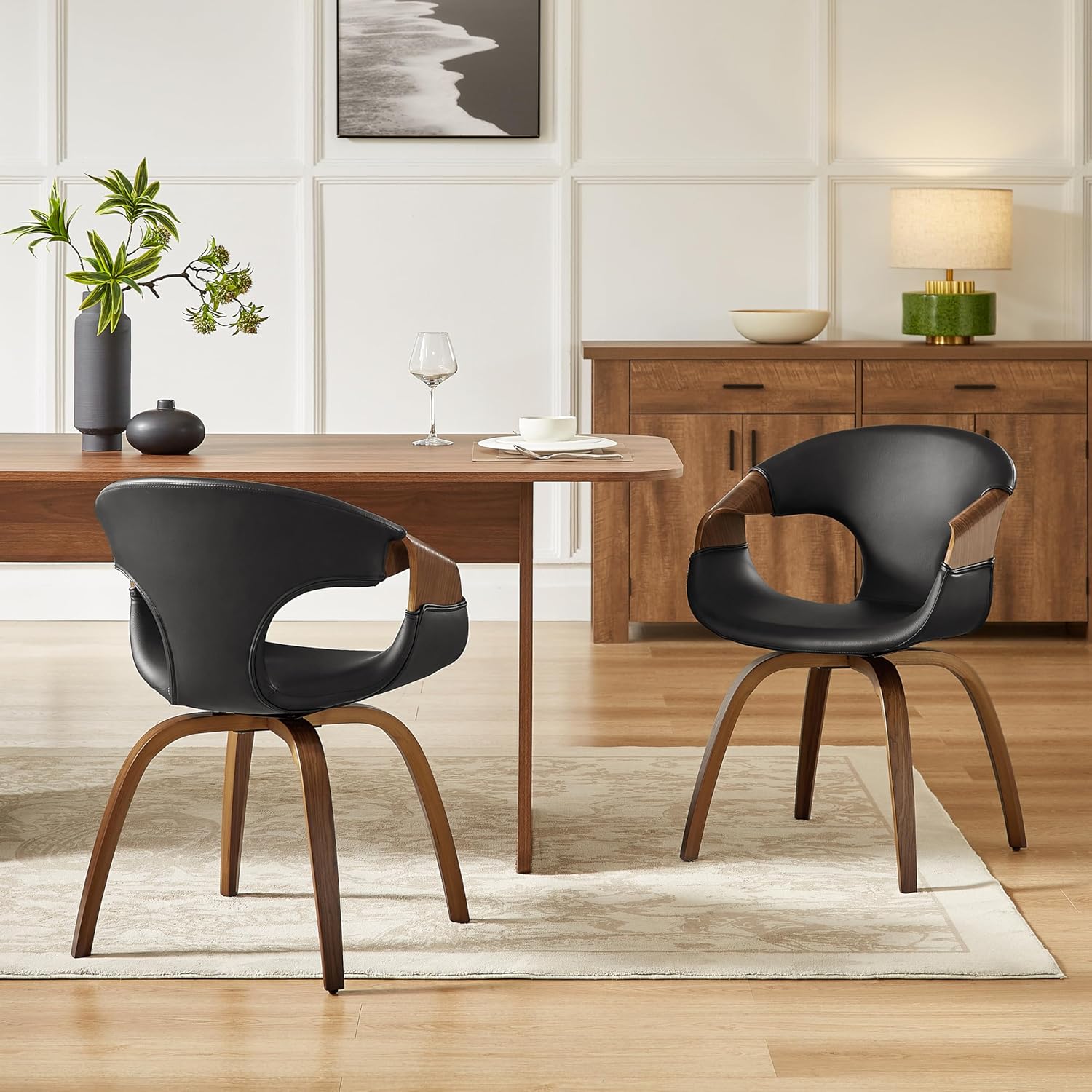 Art Leon Swivel Desk Chair No Wheels Set of 2, Mid Century Modern Office Chair, Faux Leather Upholstered Swive Chair with Wood Legs for Living Room Bedroom, Walnut Bentwood, Black/Walnut