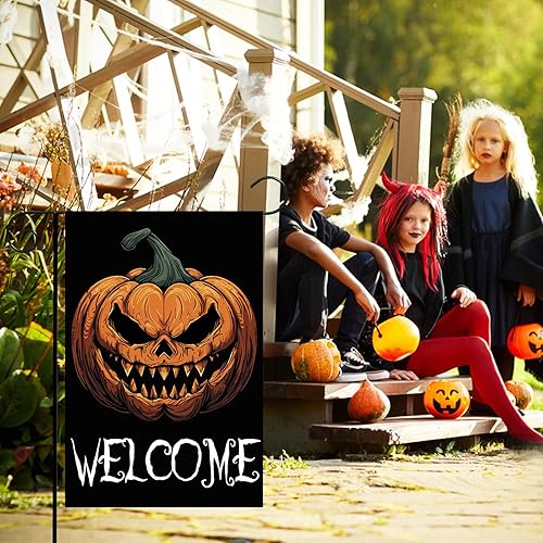 Miniatura 4 de Bandera de bienvenida de Halloween de 12 x 18 pulgadas, decoración de césped de arpillera vertical de doble cara de calabaza aterradora para