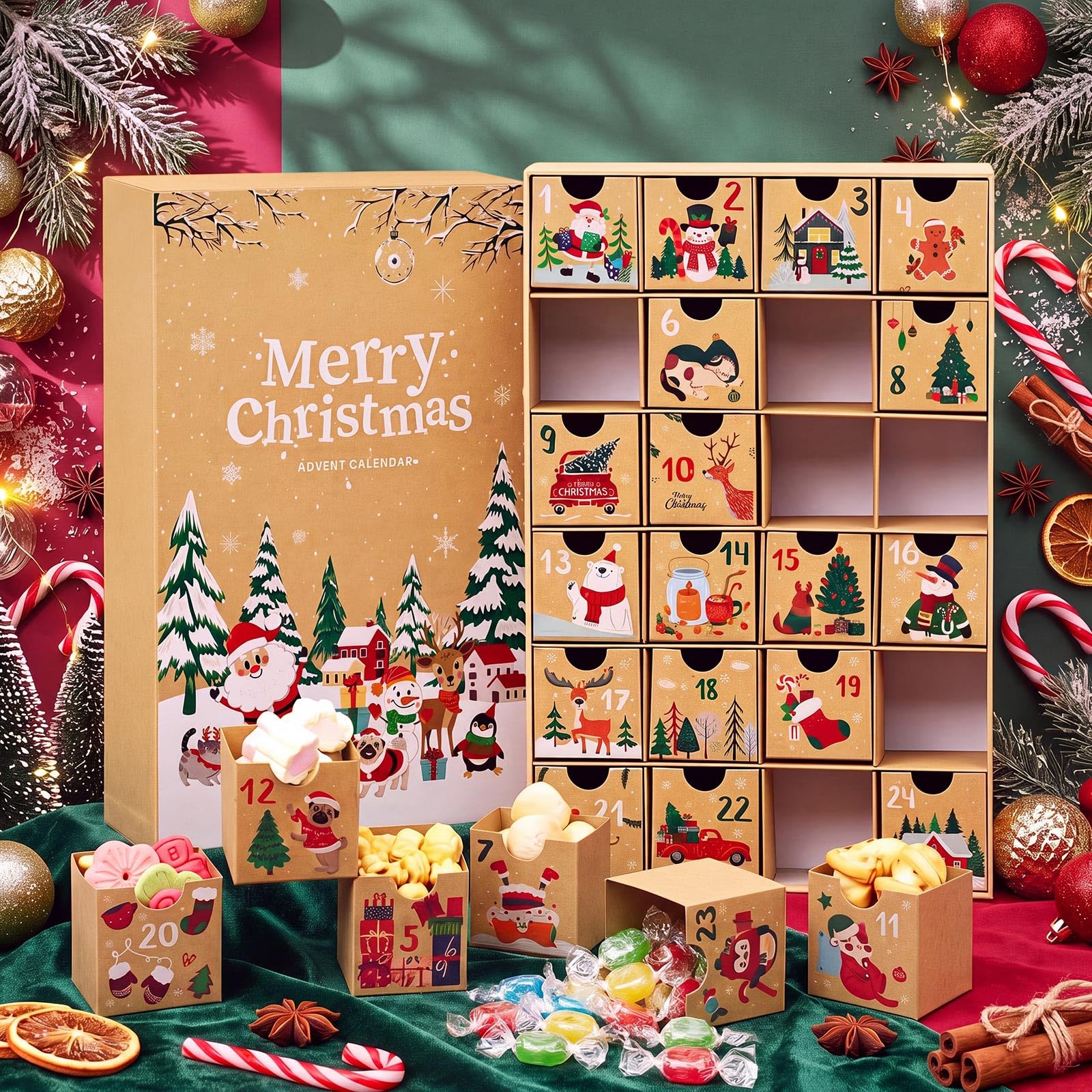 Containlol Cajas de calendario de Adviento de Navidad, cajas de regalo de cuenta regresiva de Adviento, número de cartón de Navidad, calendario vacío, decoración navideña para llenar tu propio regalo