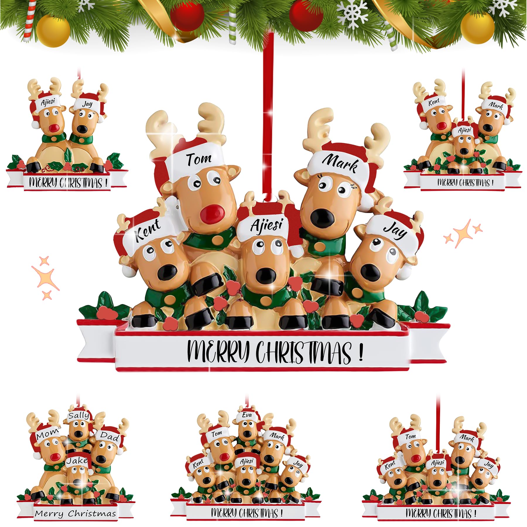 Personalized Reindeer Christmas Ornaments 2025, DIY Resin Elk Deer Family Ornaments with Custom Name, Tree Decorations, 3D Customized Christmas Ornament Gifts (Family of 5)
