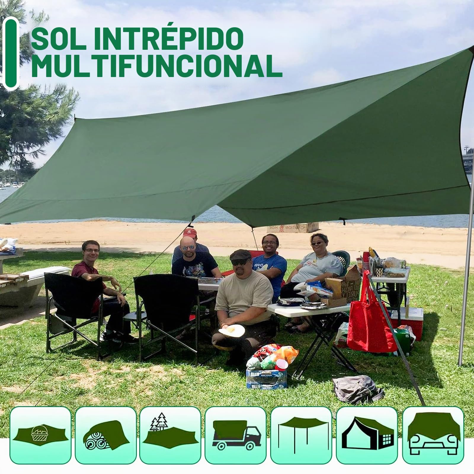 Toldo de Refugio Camping 3x3M, Toldo Camping Impermeable,Tienda de Campaña Tarp con 6 Cuerdas,6 Clavos de Tierra,2 Bolsa de Guarda,Lona Protectora Anti-UV para Vivac, Picnic, Playa, Hamaca