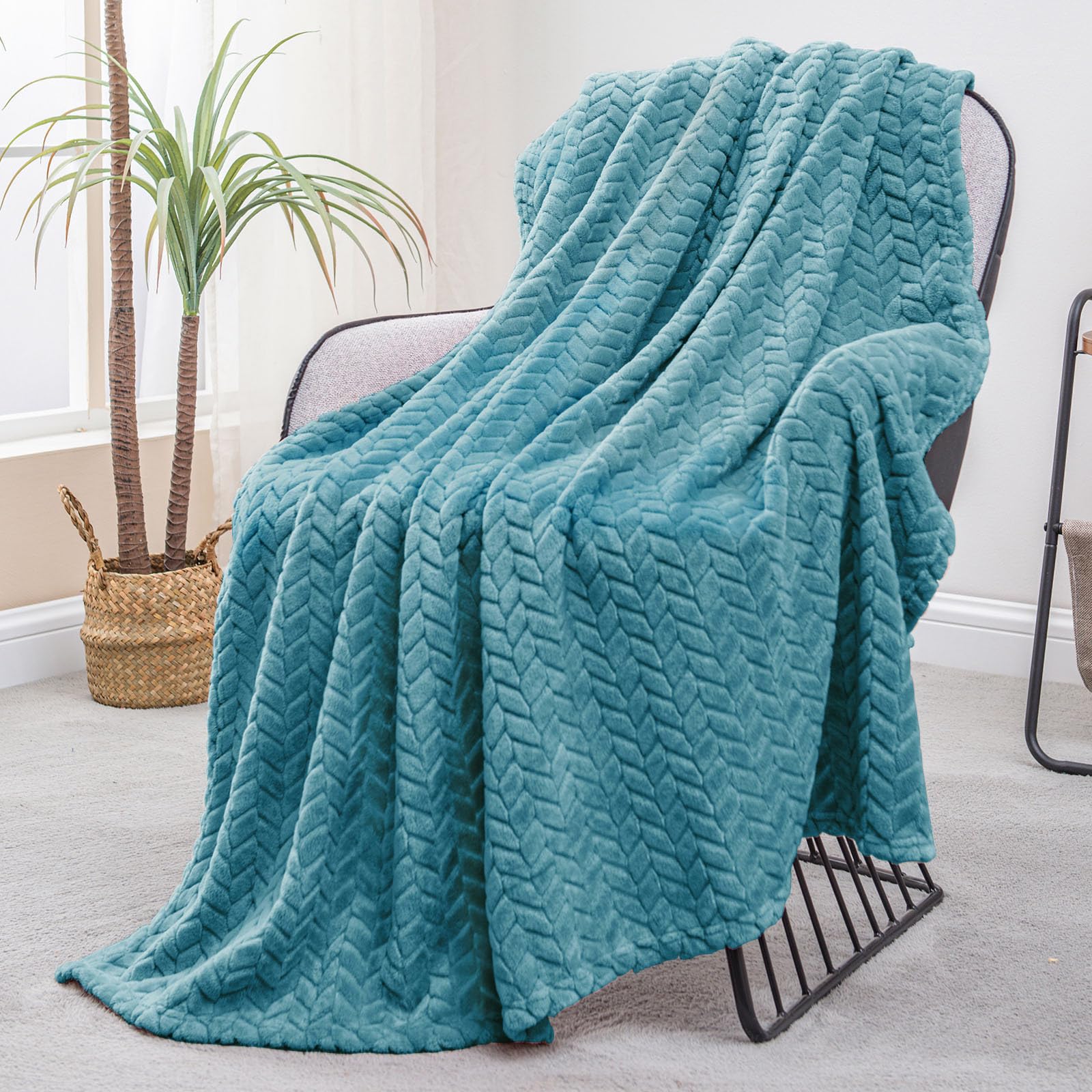 Exclusivo Mezcla Coperta Plaid Pile di Flanella per Divano, 130x170 CM Coperta Letto Singolo con Modello a Foglie, Morbida e Calda, Blu ardesia