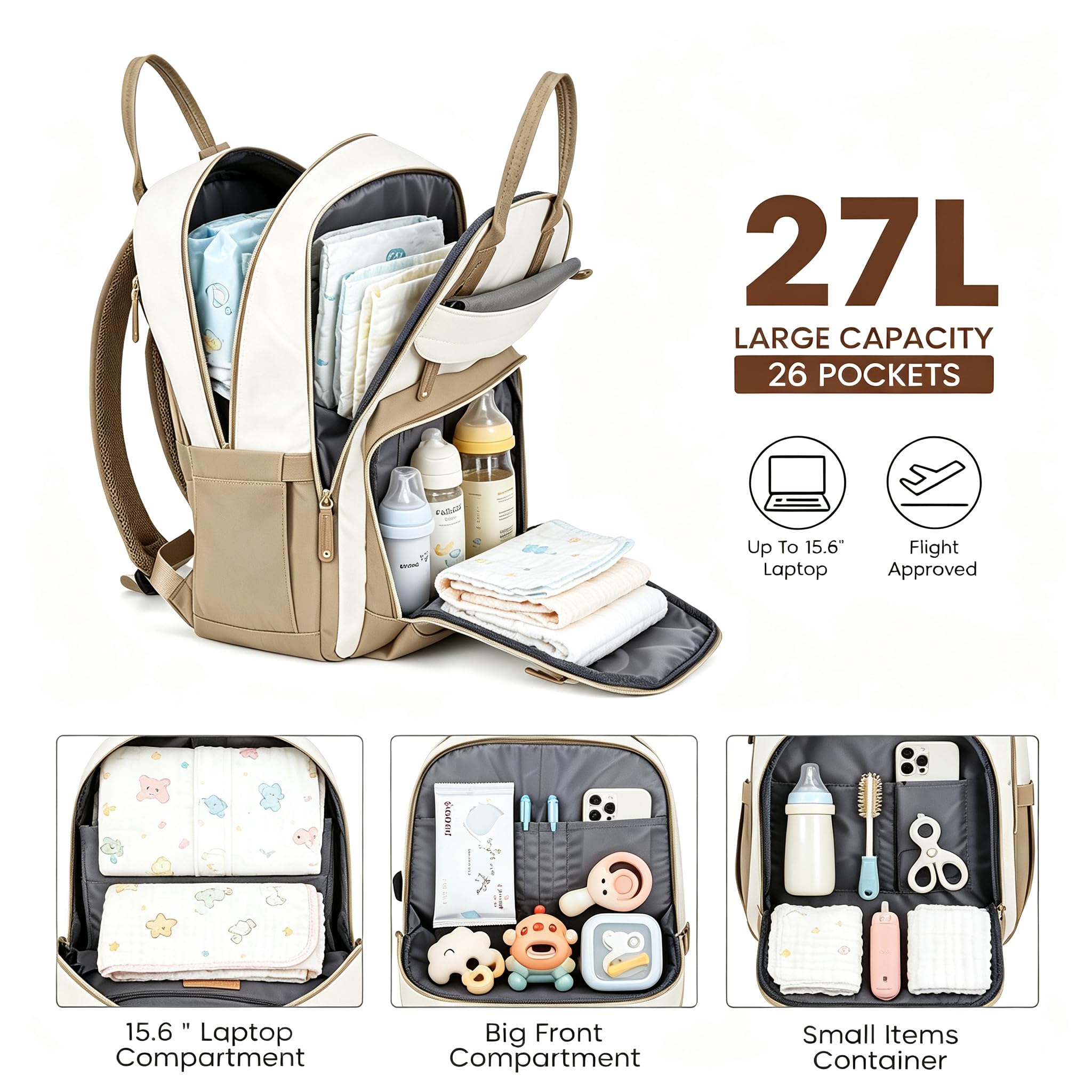 Bolsas cambiadoras de bebé, mochila grande para pañales para padres, Black, L, Clásico