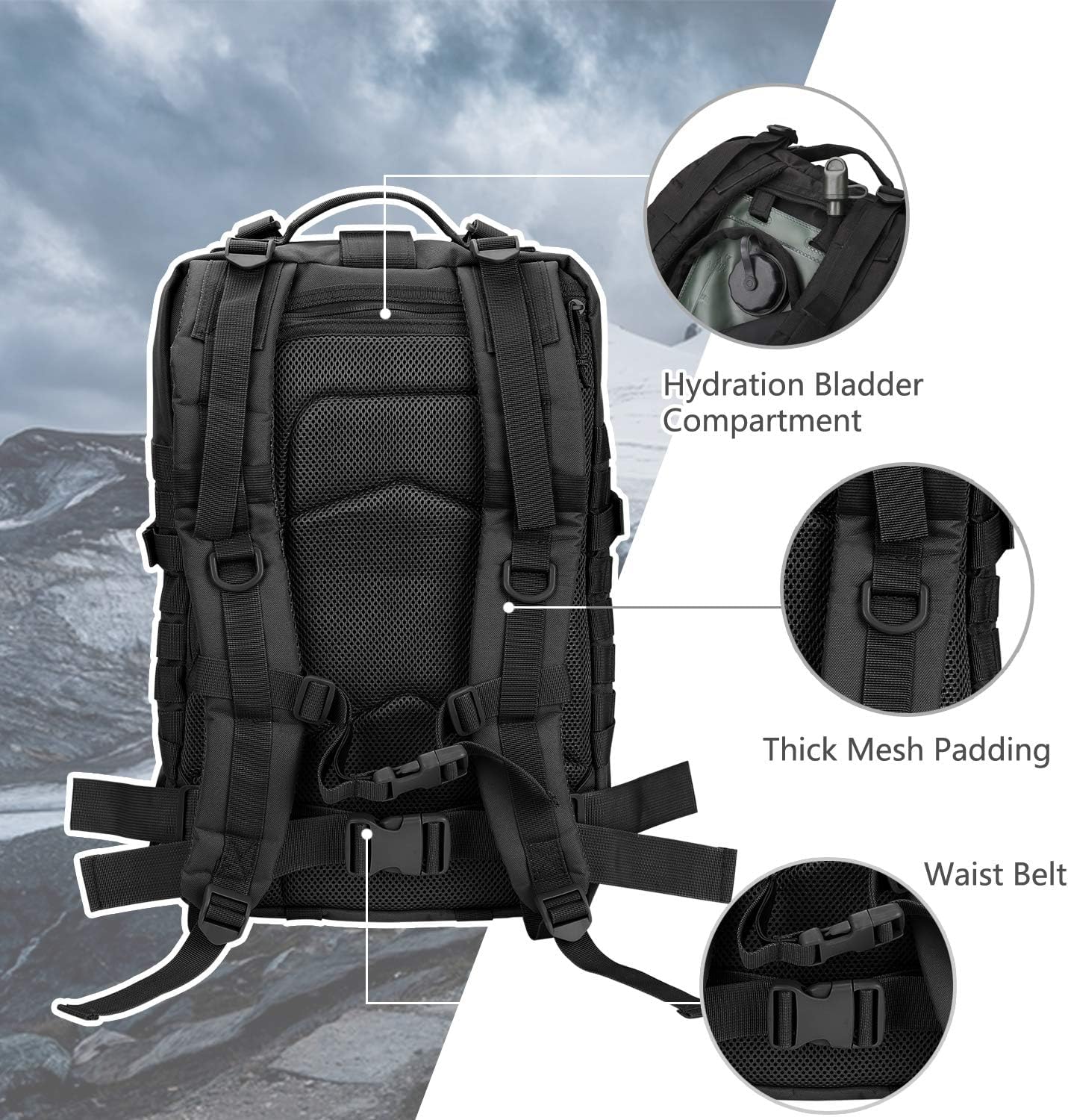Hannibal Tactical Militär Taktischer Rucksack Cooper Rucksack Armee Assault Pack 3 Tage Bug Out Go Bag Trekking Wanderrucksack (40L,Schwarz-DE)