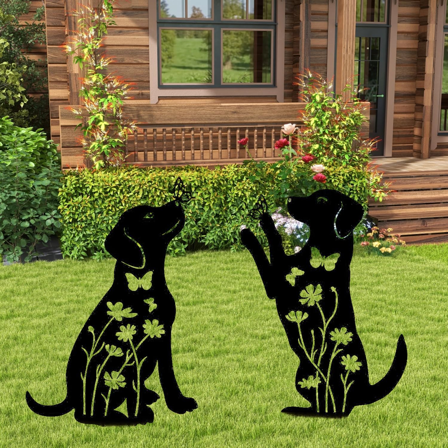 2 Pack Iron Garden Statue Metal Garden Ornament for Meadow Outdoor Statue Lawn Decorations Dog Lovers Black Lab Gifts Animals