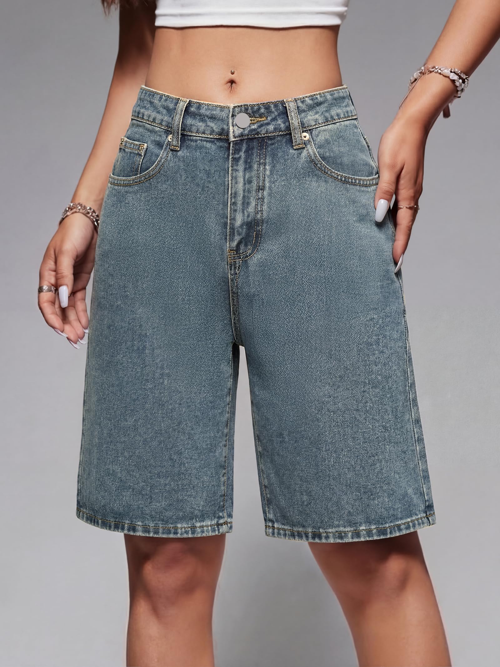 EMMIOL Damen-Jorts, Baggy-Jeans, Jorts, Outfits, mittel-niedrige Taille, Denim-Shorts, Y2K-Shorts, Sommer, heiße kurze Hose, Streetwear