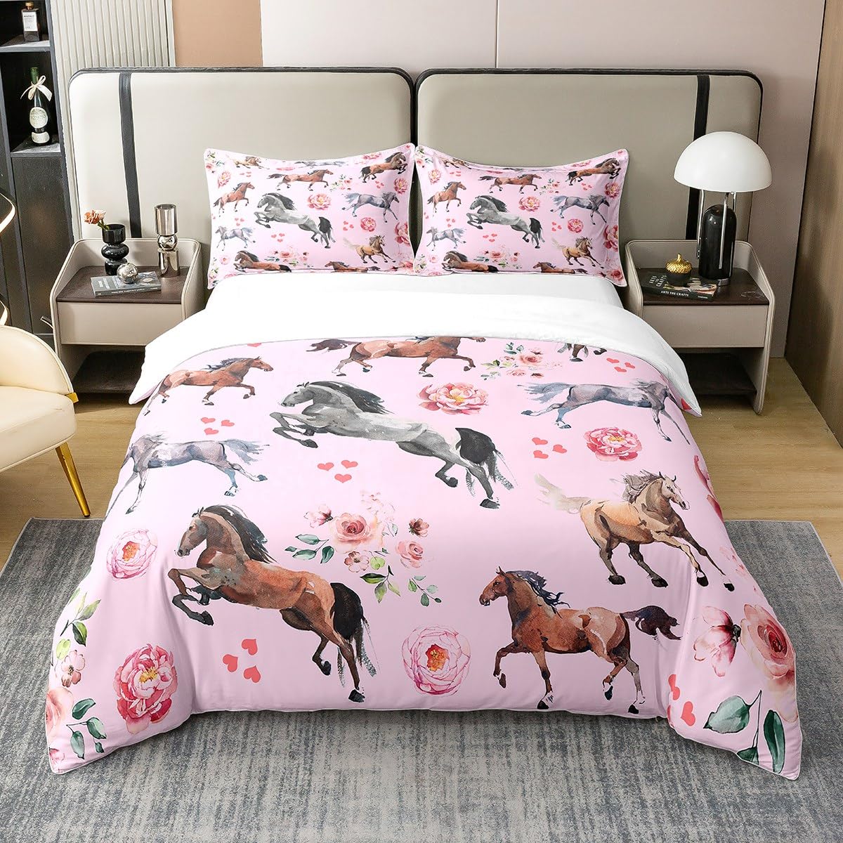 100% Cotton Horse Comforter Cover Full Farm Western Cowboy Cowgirls Bedding Set for Kids Boys Girls Pink Rose Floral Duvet Cover with Lover Heart
