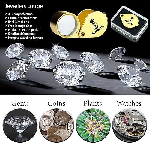 Miniatura 3 de Pineapple 30X Jewelers - Lupa plegable de bolsillo para joyeros, gemas, diamantes, plantas, monedas (dorado)