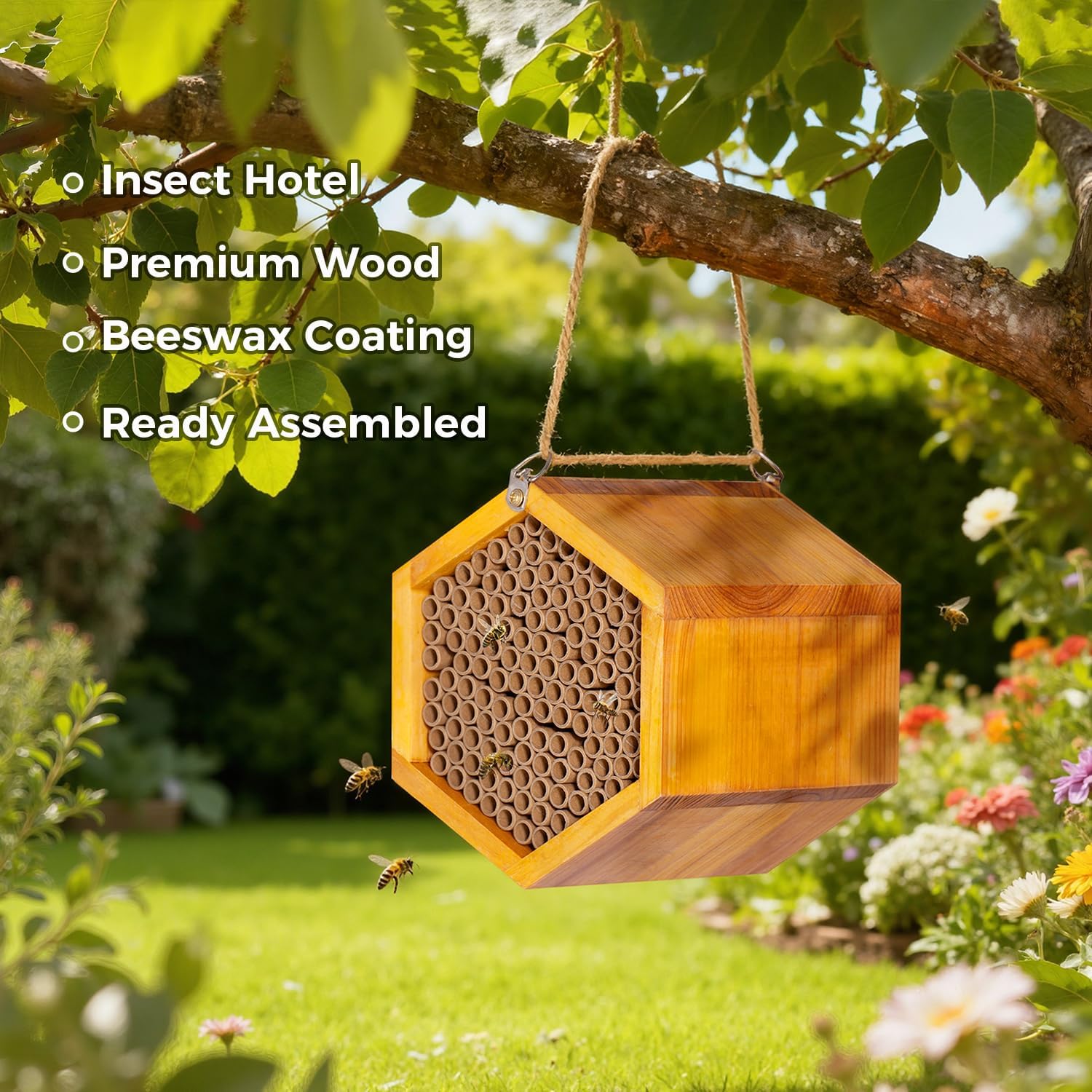 Mason Bee House - Handmade Natural Wooden Bee Hive Coated with Wax for Water-Proof and Long Service Life - Attracts Peaceful Bee Pollinators to Your Garden, Bee Houses for Garden
