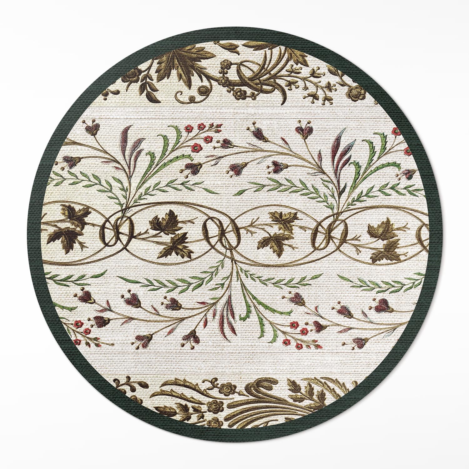 Tapis Vinyle ø120 cm Rond aux Ornements Végétaux pour Décoration de Sol