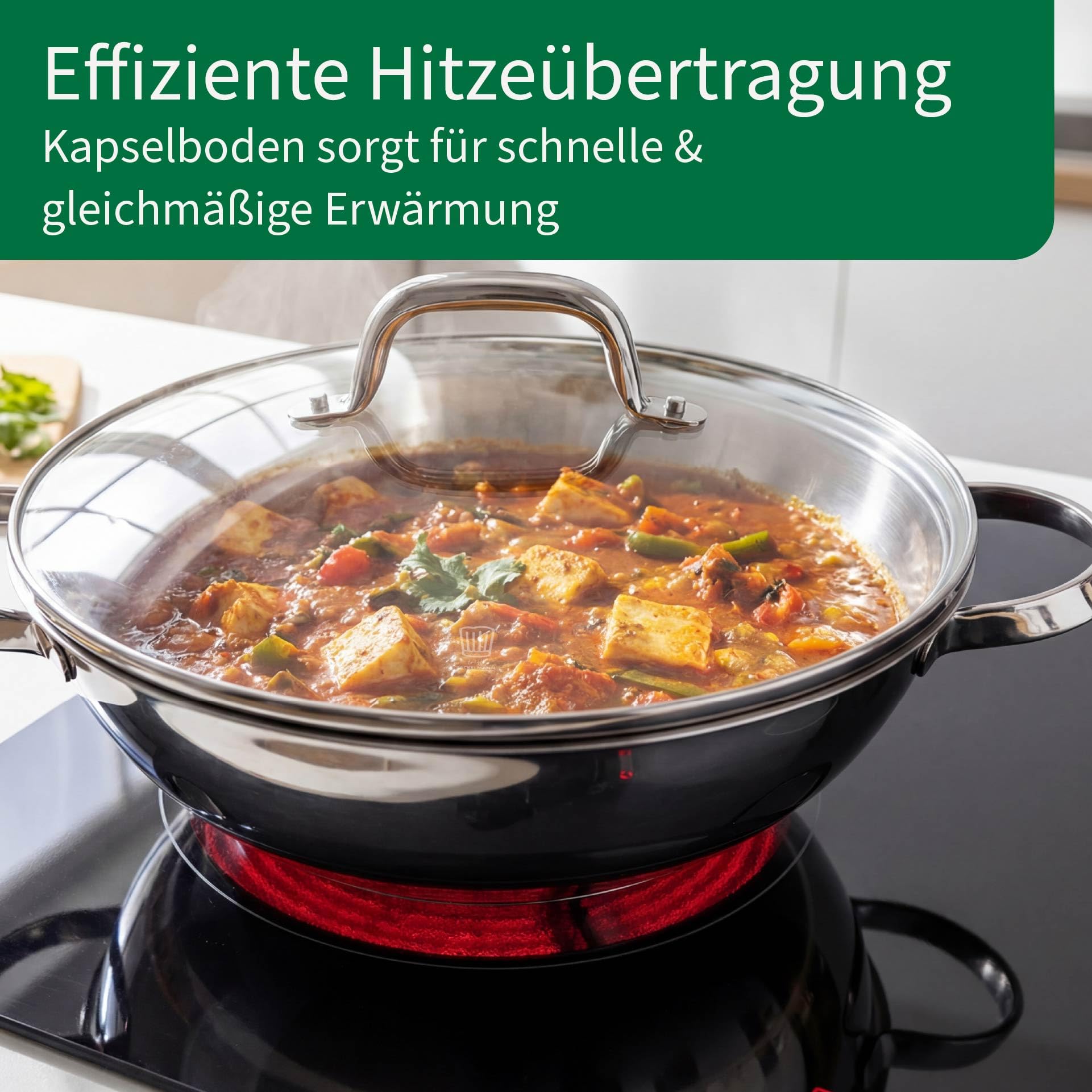 FACKELMANN Chefkoch trifft Wokpfanne Rosenheim – Ø30 cm, Glasdeckel inkl. Dampföffnung und Aluminiumkern, Aus Edelstahl mit hitzebeständigem Gussgriff, für alle Herdarten, Spülmaschinengeeignet