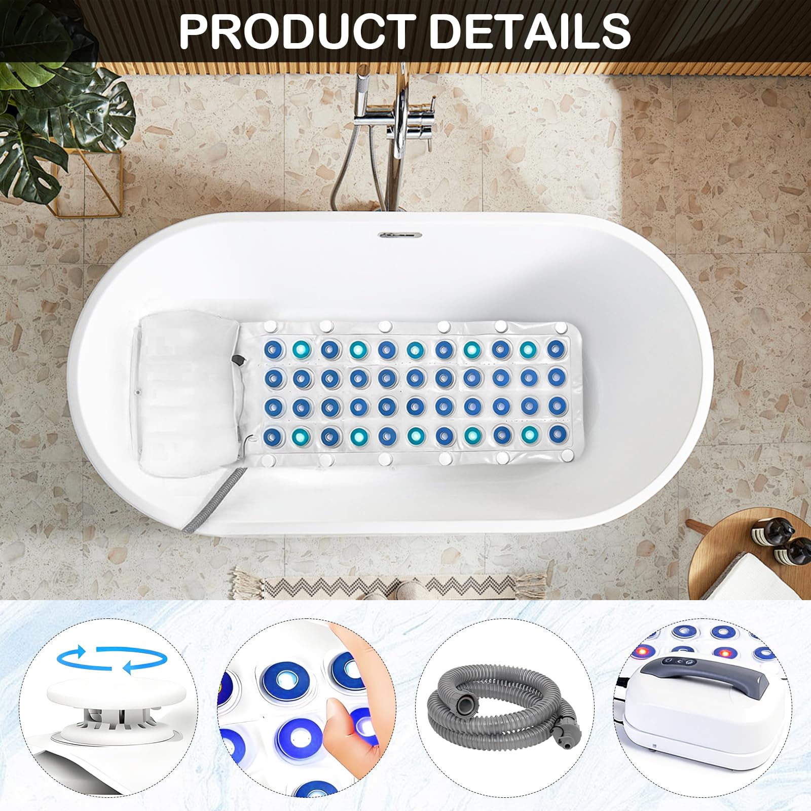 Tapis de Bain à Bulles, Tapis SPA pour Baignoire Tapis de Massage à Bulles d'Air avec éclairage LED Multicolore 6 Niveaux d'Intensité 93 Jets et Oreiller Accessoire de Bain SPA