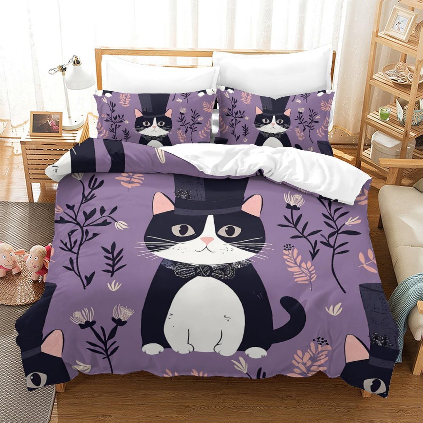 Housse de couette chat 3Pcs microfibre 200x200 parure de lit ado fermeture éclair