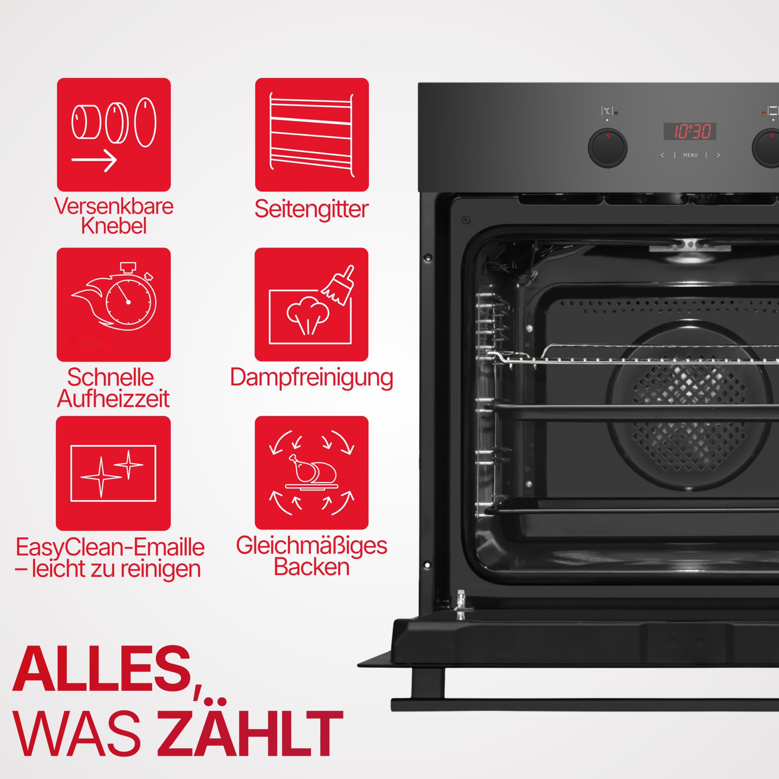 Amica Einbaubackofen 60 cm 77 l XXL‑Garraum 11 Backofenfunktionen Schnellaufheizung Seitengitter Steam Clean CoolDoor3 SensorControl Timer ABE 94410 S – einbaubackofen schwarzglas