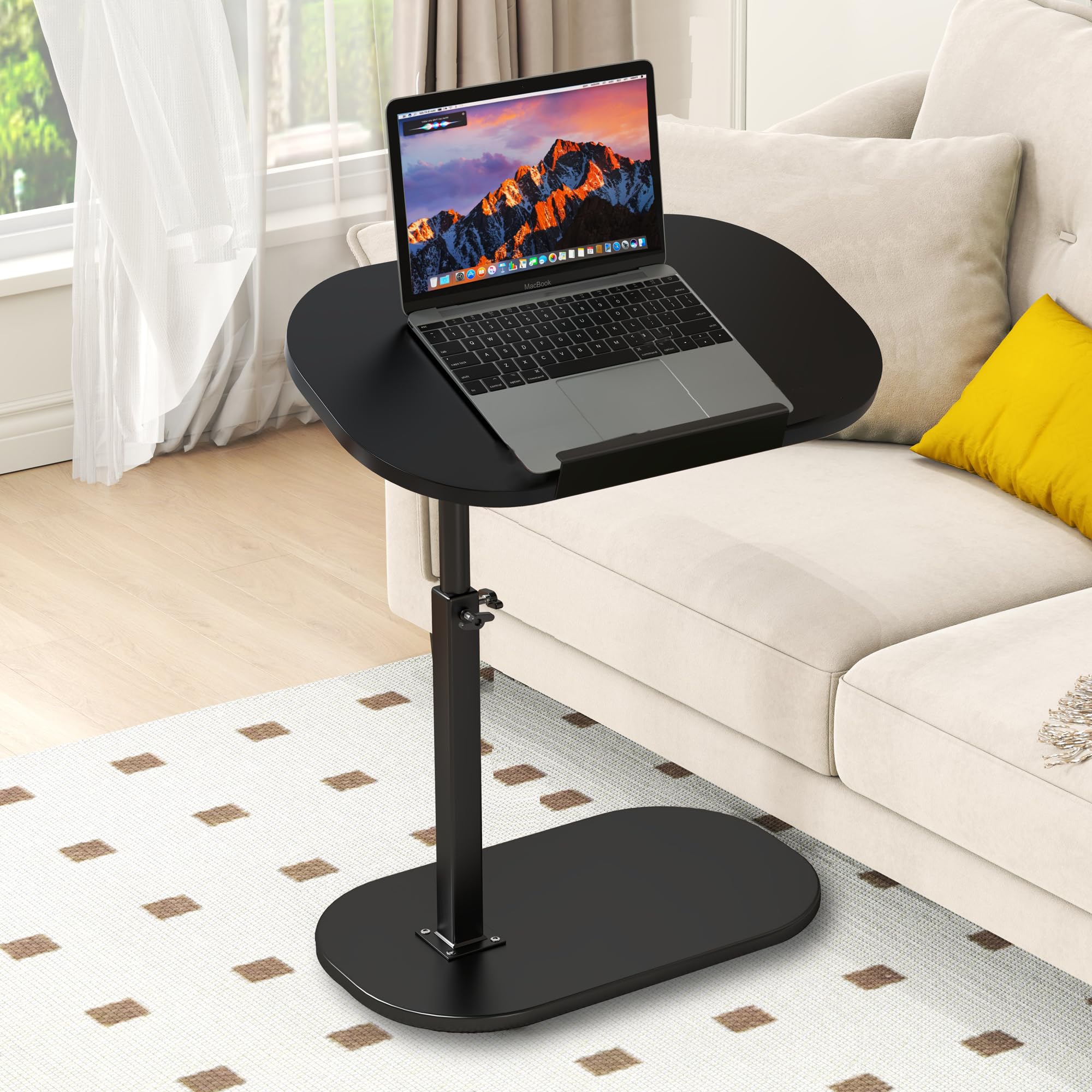 Mesita Auxiliar en Forma de C - Altura Ajustable, Giro de 360°, Base de Metal, Soporte abatible para portátil, Mesa de Centro móvil para sofá y Cama, Tablero de Madera Maciza