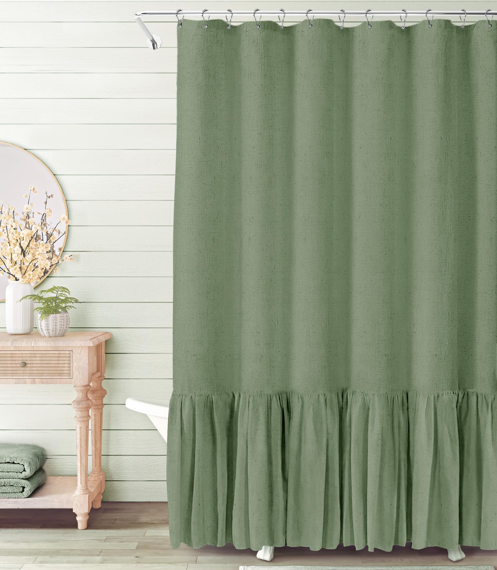 Awellife Farmhouse Shower Curtain with A Ruffle Hem Linen Blend Shower Curtain for Bathroom,Green 72''x72''