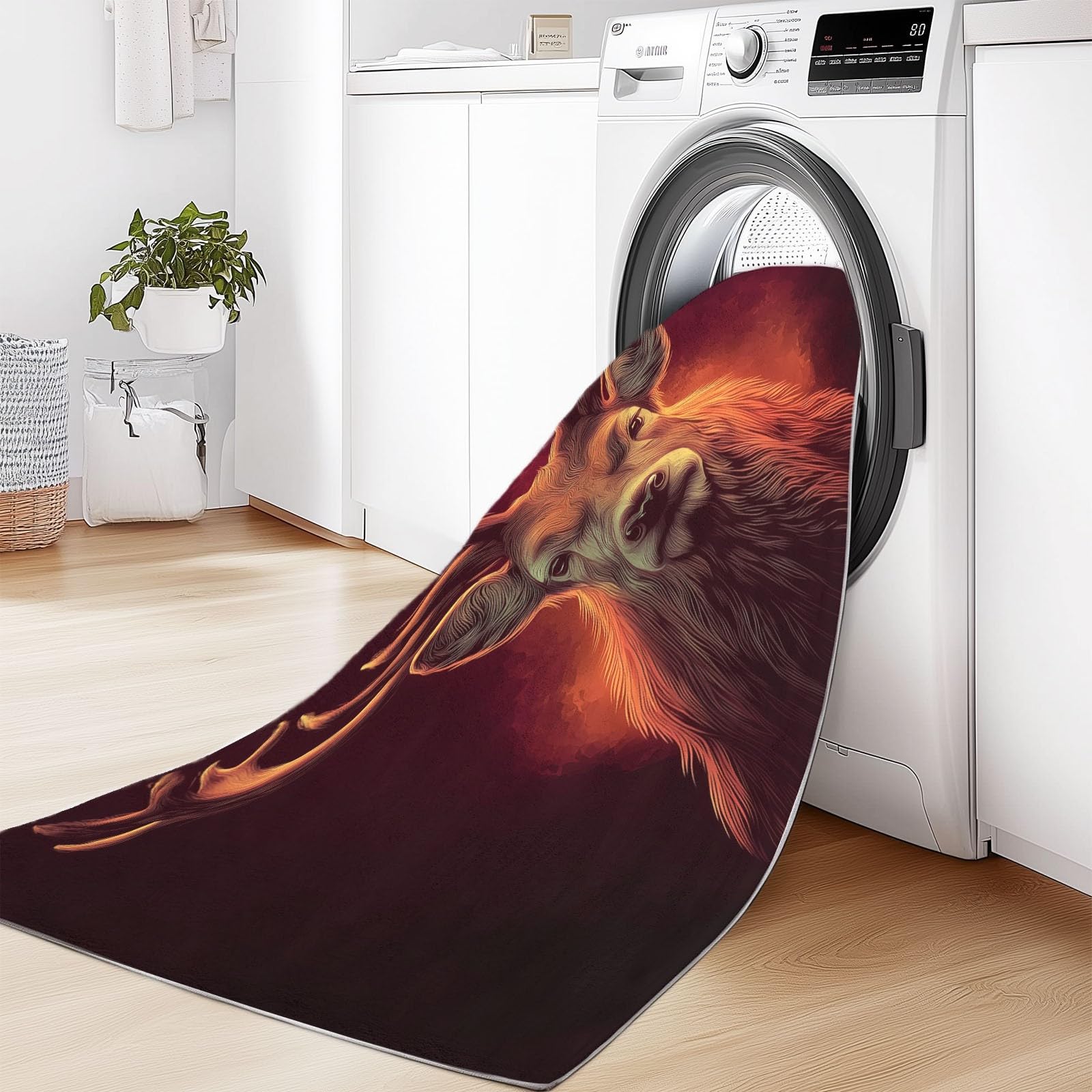 Generico Dywan Fantazyjny Styl Zmywalny 160 x 230 cm, Antypoślizgowy Chodnik Salon Majestat Zwierząt Głowa Jelenia Drukowany Dywan Nadaje się do sypialni i pokoju dziecięcego Pomarańczowy kolor