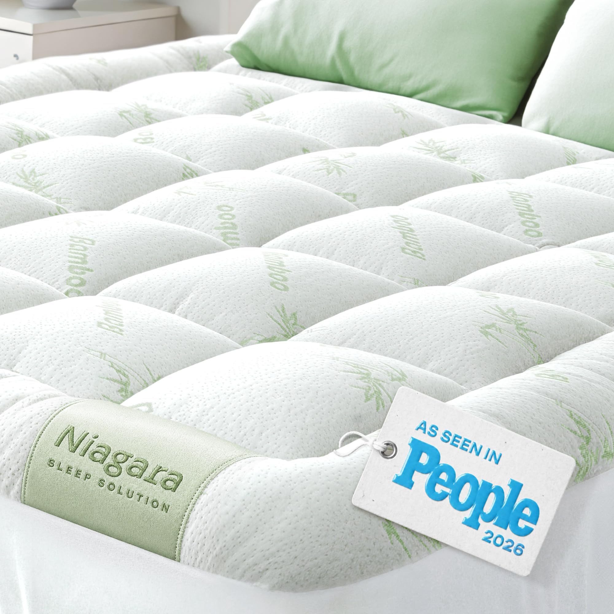 Niagara Sleep Solution Ultra Soft Queen Size Mattress Topper - Rayon Derived from Bamboo Pillow Top Mattress Pad for Back Pain Relief - Naturally Cooling for Hot Sleepers, Green