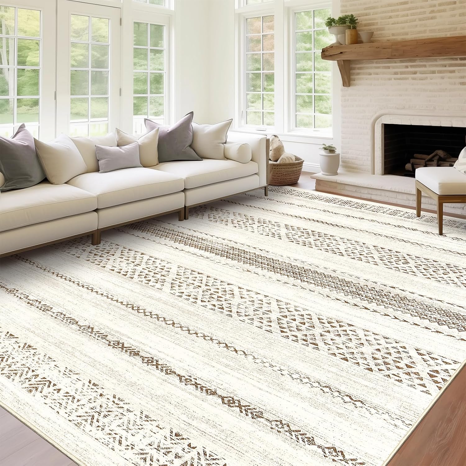 8x10 Area Rugs - Washable Area Rug 8 x10 for Living Room, Non-Slip Backing Area Rugs 8x10, Soft Stain Resistant Rug, Geometric Rug with Low Pile (8'x10', Brown/Beige) Brown/Beige 8'x10'