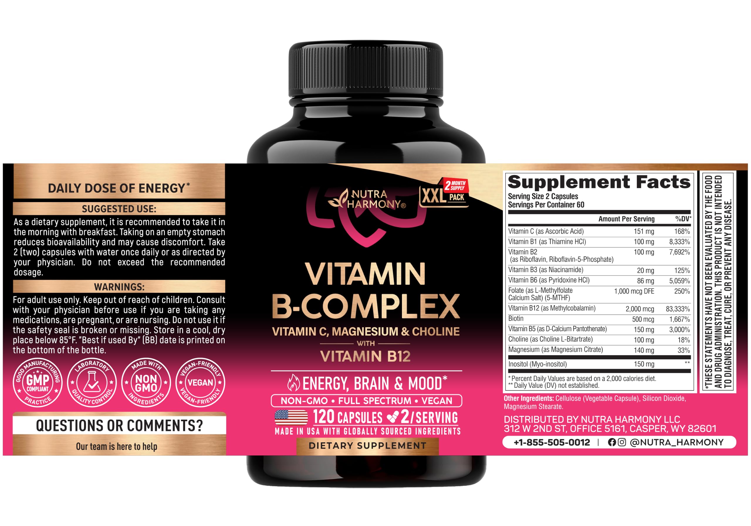 Vitamin B Complex for Women & Men - Methylated B-Complex & Vit B12, 120caps — Amazon image 2
