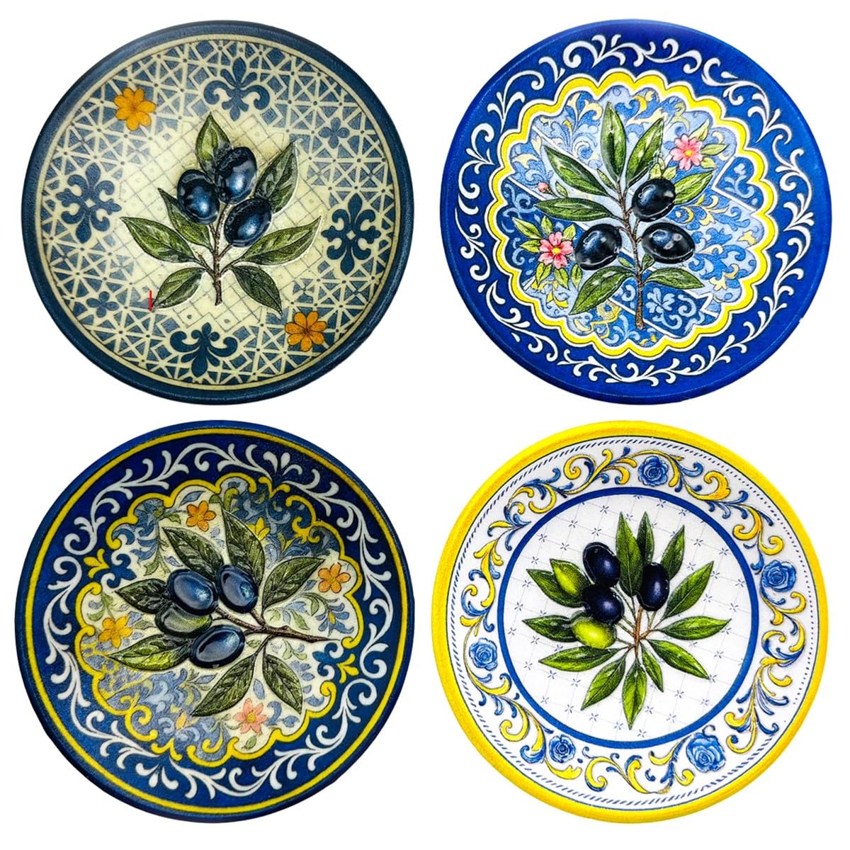 Adorno de Pared Cerámico Diseño Olivo y Lavanda, Decoración para Hogar, Set de 4 Platos Decorativos, Estilo Mediterráneo