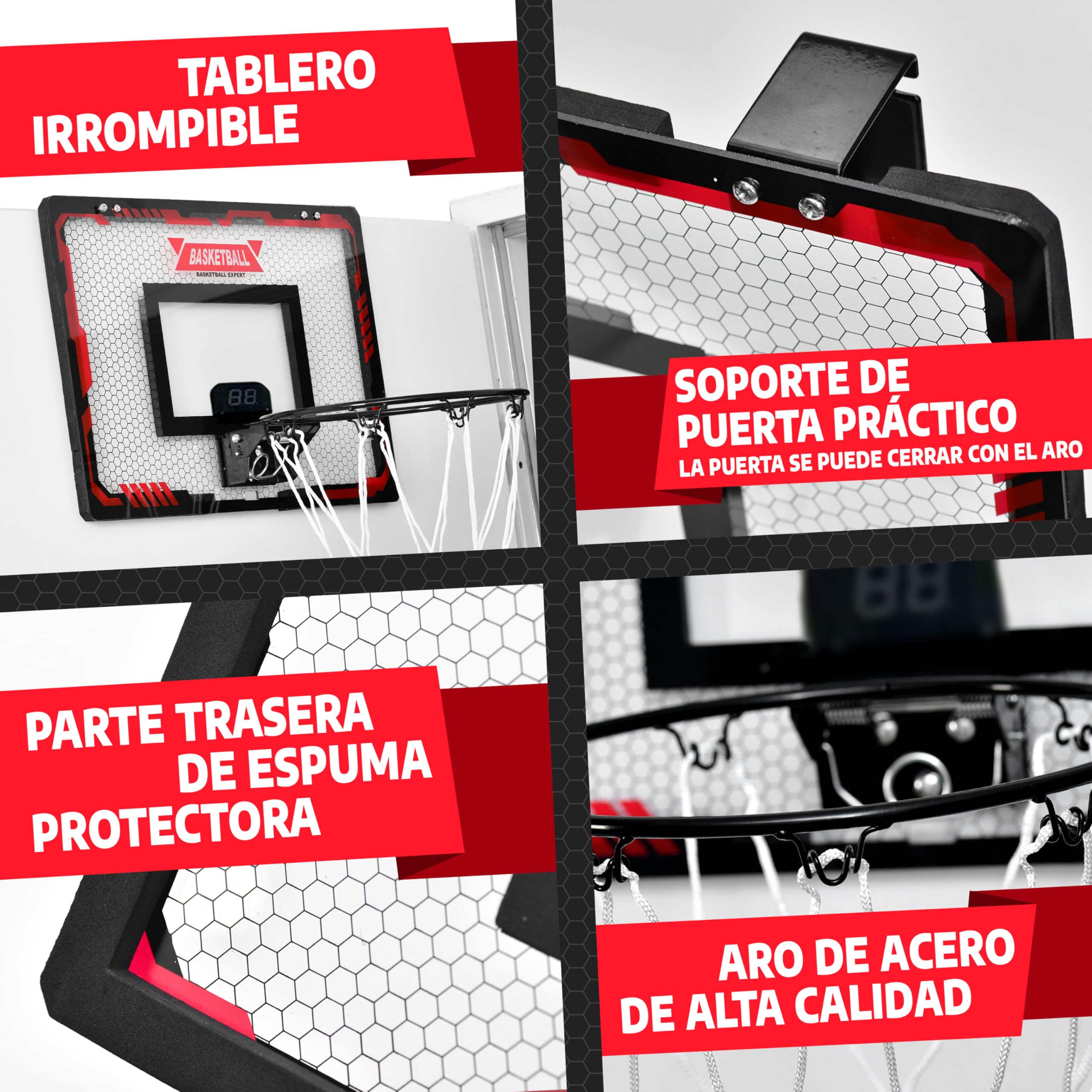 VALENESS® Mini canasta de baloncesto para interior [para puerta y montaje en pared] – pequeña cesta de baloncesto con función oscura, 4 pelotas, bomba y accesorios de fijación – para niños y adultos