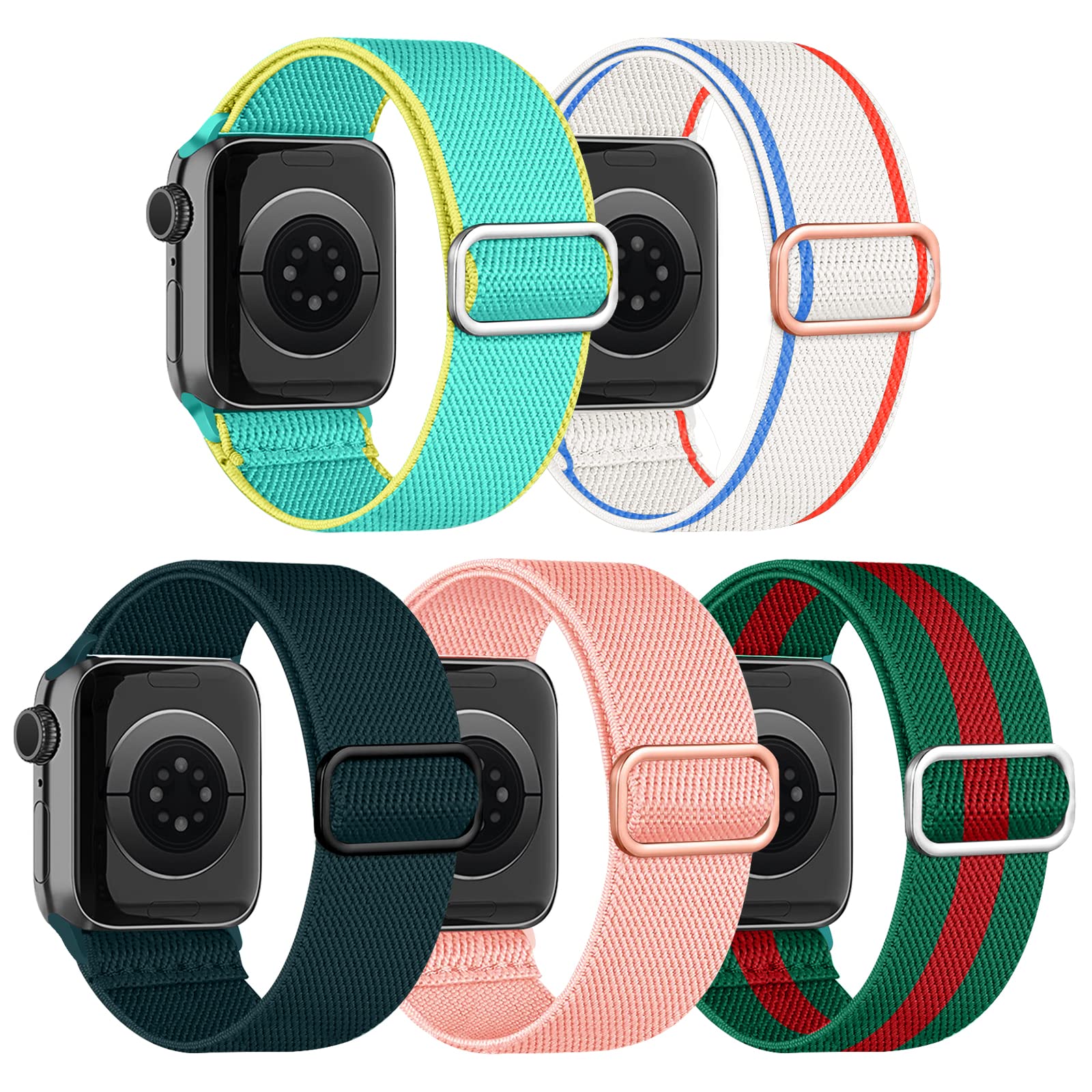 chinbersky 5 Pack Solo Loop Armband Kompatibel mit Apple Watch Armband 45mm 44mm 42mm 41mm 40mm 38mm,Verstellbares Dehnbare Nylon Sport Band für iWatch Ultra Series 11/10/9/8/7/6/5/4/3/2/1/SE