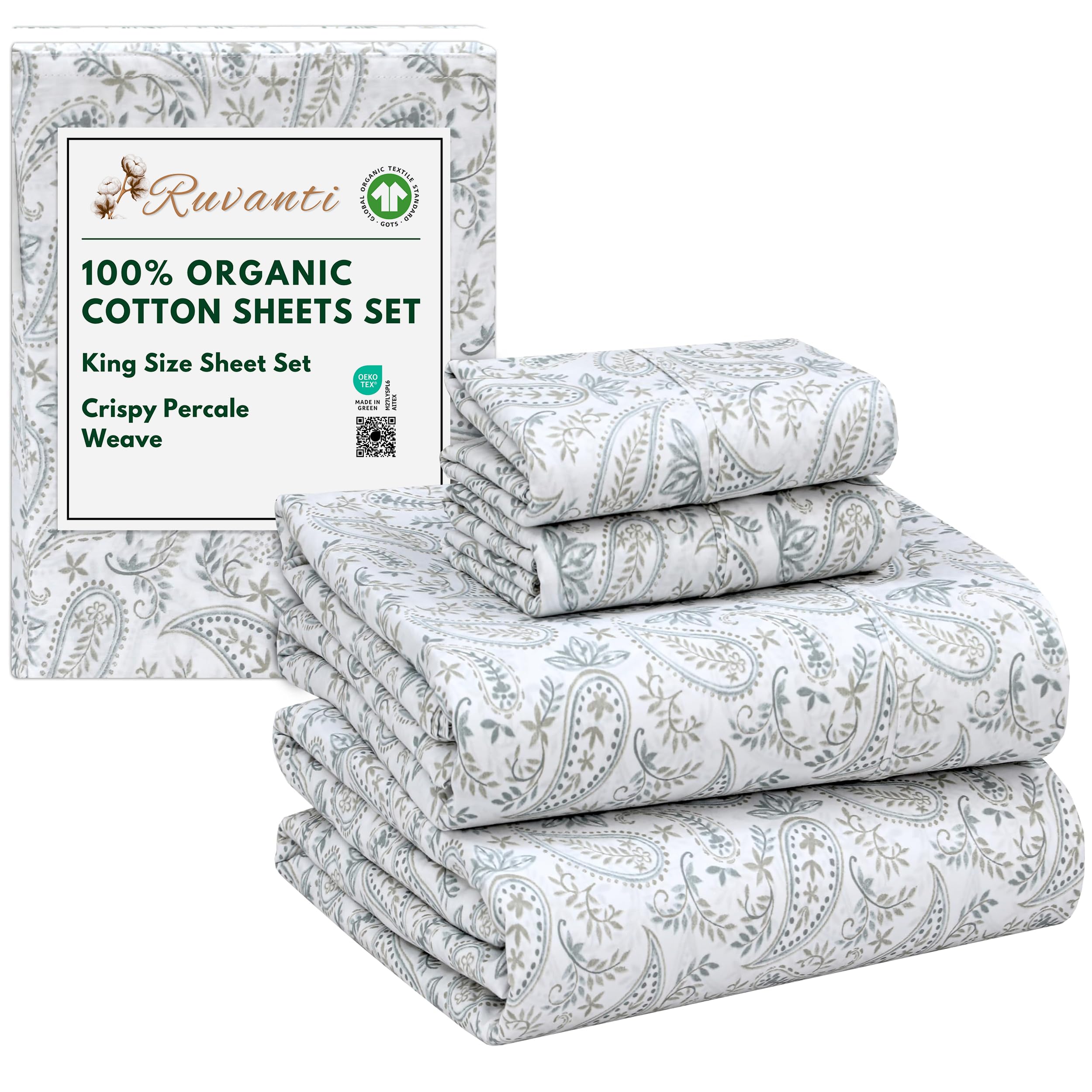 RUVANTI 100% Organic Cotton Sheets King Size, Percale Weave, GOTS Certified, 4-Piece Set, Deep Pocket 15", Crisp & Breathable, Soft Durable Bedding, Sábanas Algodón Orgánico – Ornate Oasis