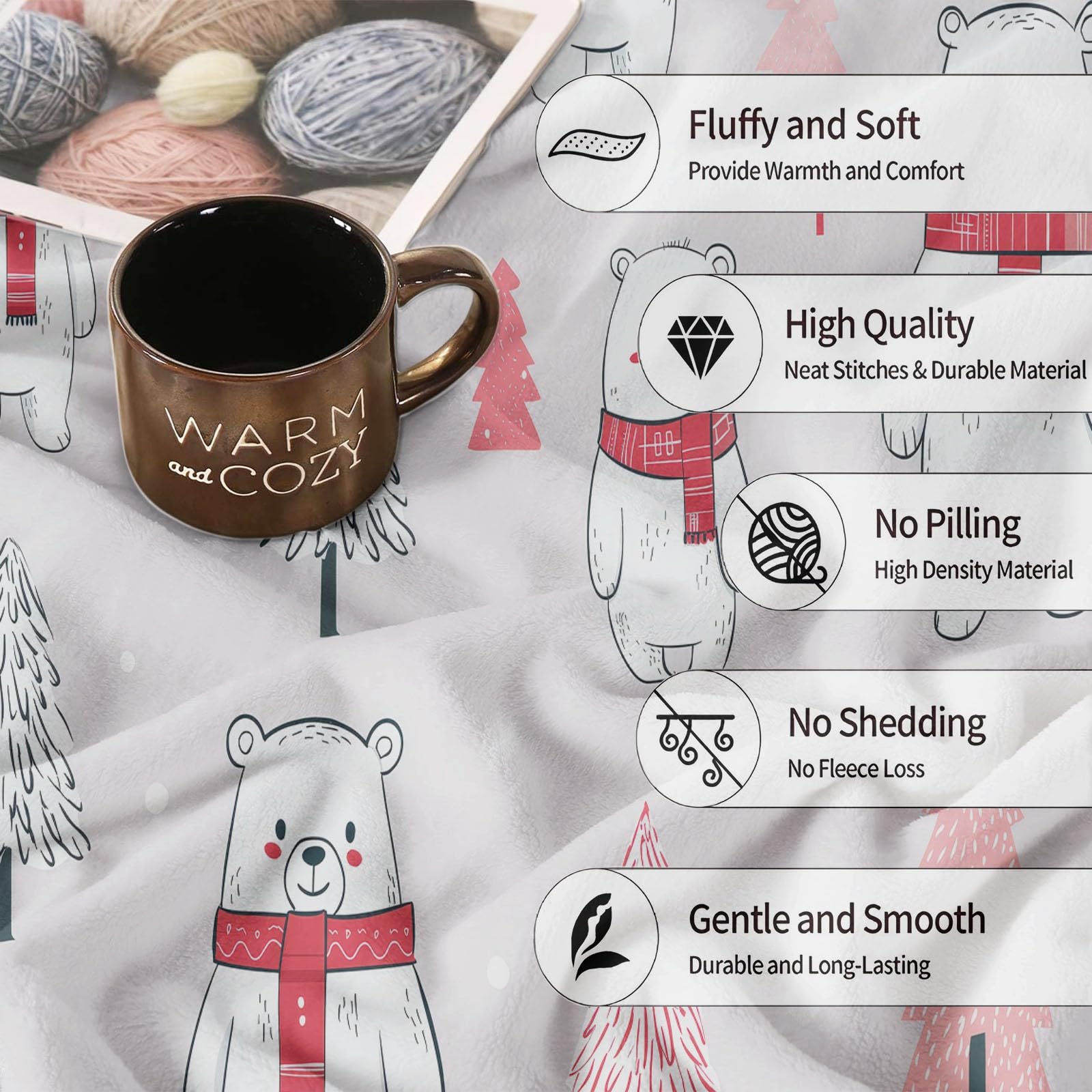 Manta de vellón Sherpa con Oso Navideño De Dibujos Animados, Blanco Manta de Felpa para sofá, decoración de habitación para bebé, para Invierno, para sofá, tamaño 127 x 152 cm