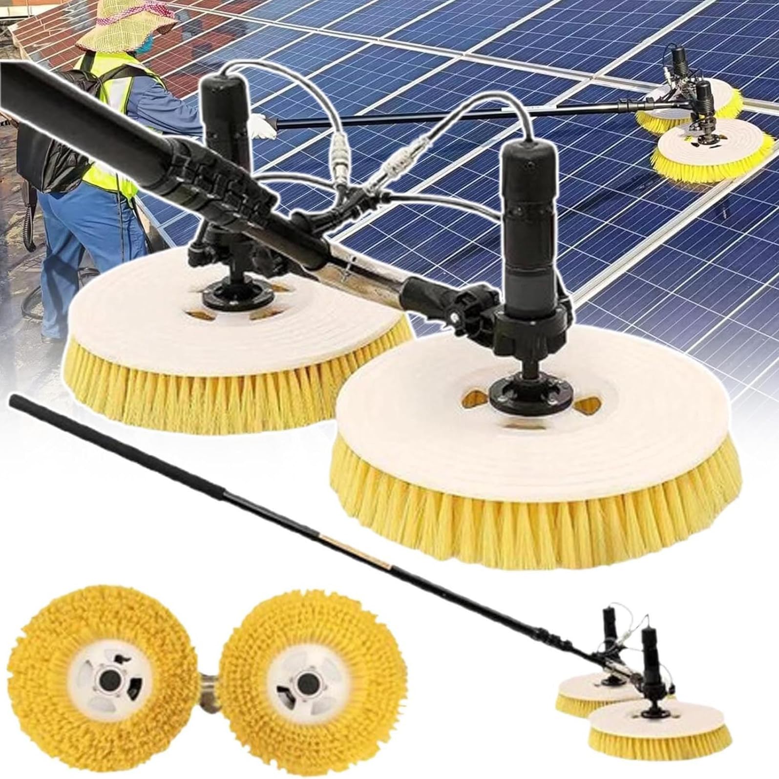 YXYLJOZ Adjustable Solar Panel Cleaning Brush with Rolling Head, 11.4FT to 24.6FT Extendable Pole for Easy Window Cleaning, Automatic Battery-Powered Wash Brush. (3.5m)